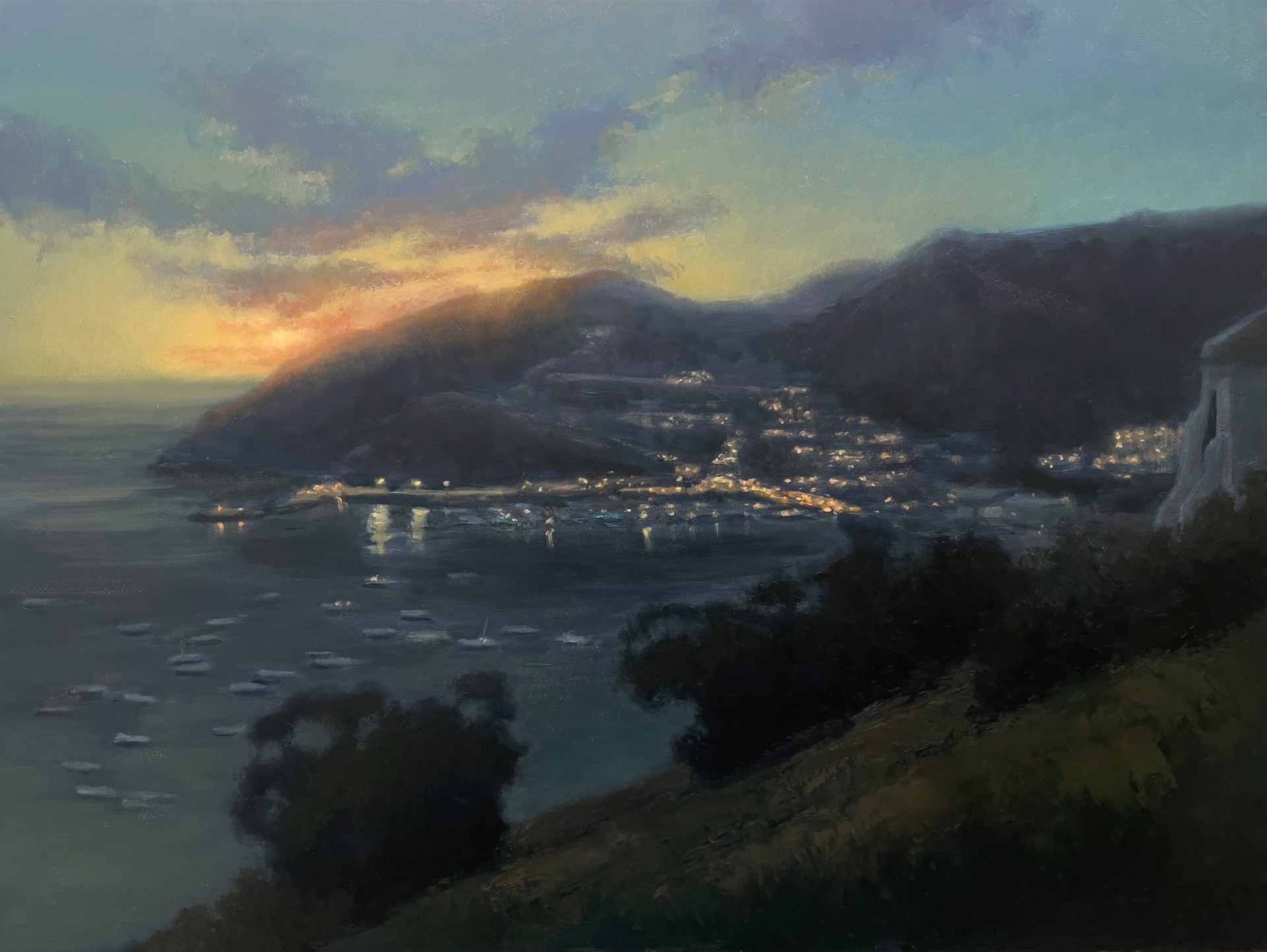 A serene coastal landscape at twilight featuring a town nestled in a bay with boats docked.
