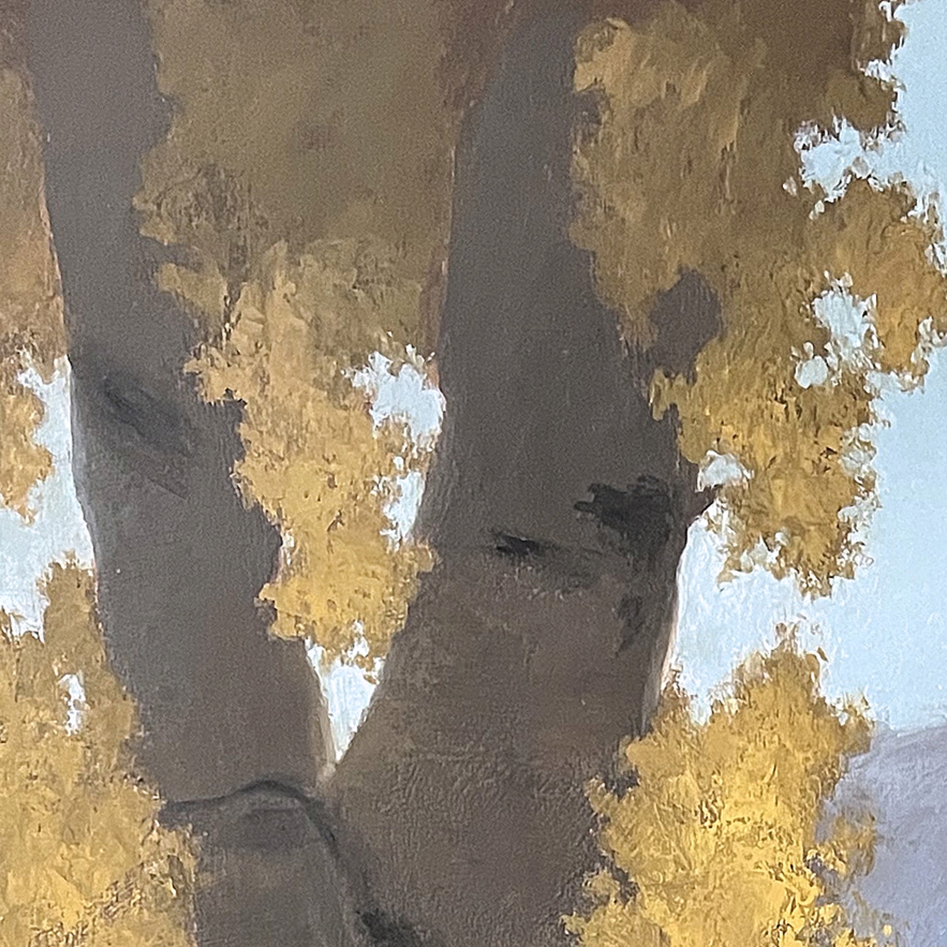 A painting of three aspen trees in a field with mountains in the background.