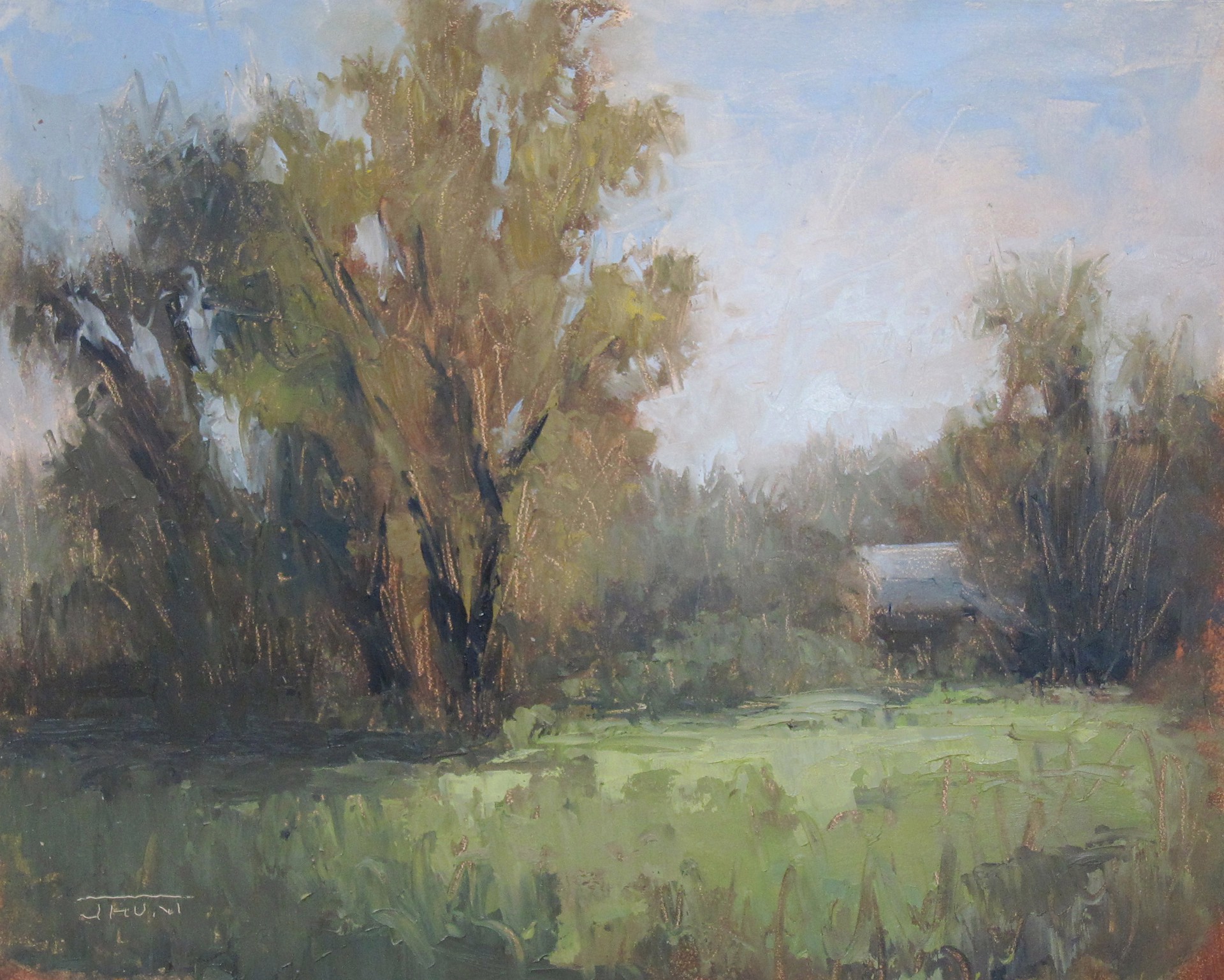 A painterly landscape of a sunlit meadow with a distant barn.