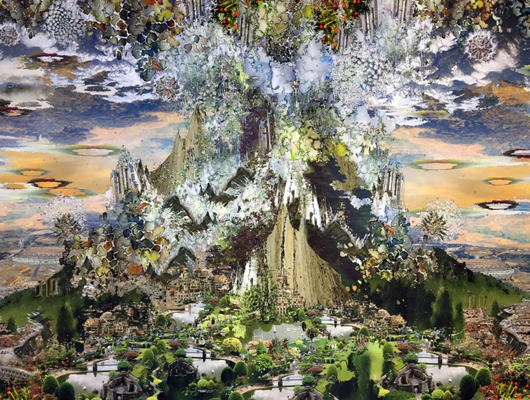 A surreal landscape where a mountain erupts into a chaotic forest canopy against a dreamy sky.