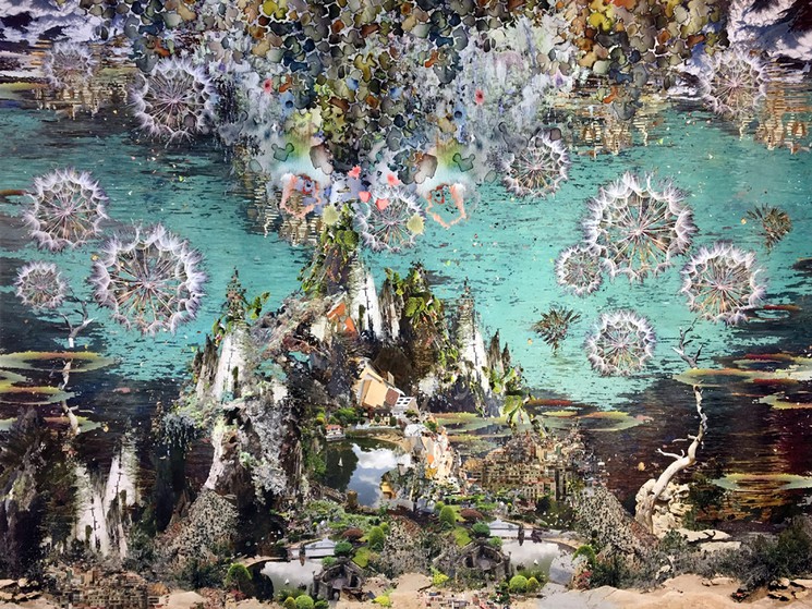 A surreal diorama of a miniature island rising from turquoise water, surrounded by floating dandelion-like spheres.
