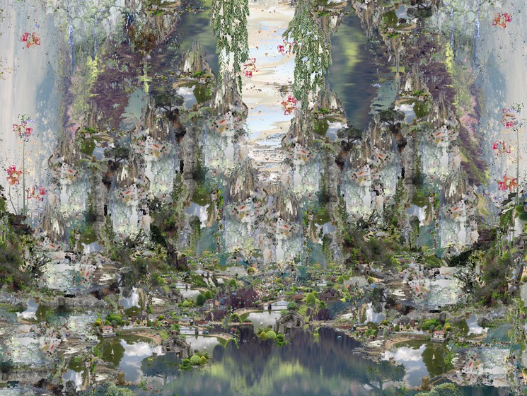 A surreal landscape where a weeping willow tree appears to be growing out of a dark, reflective pool.
