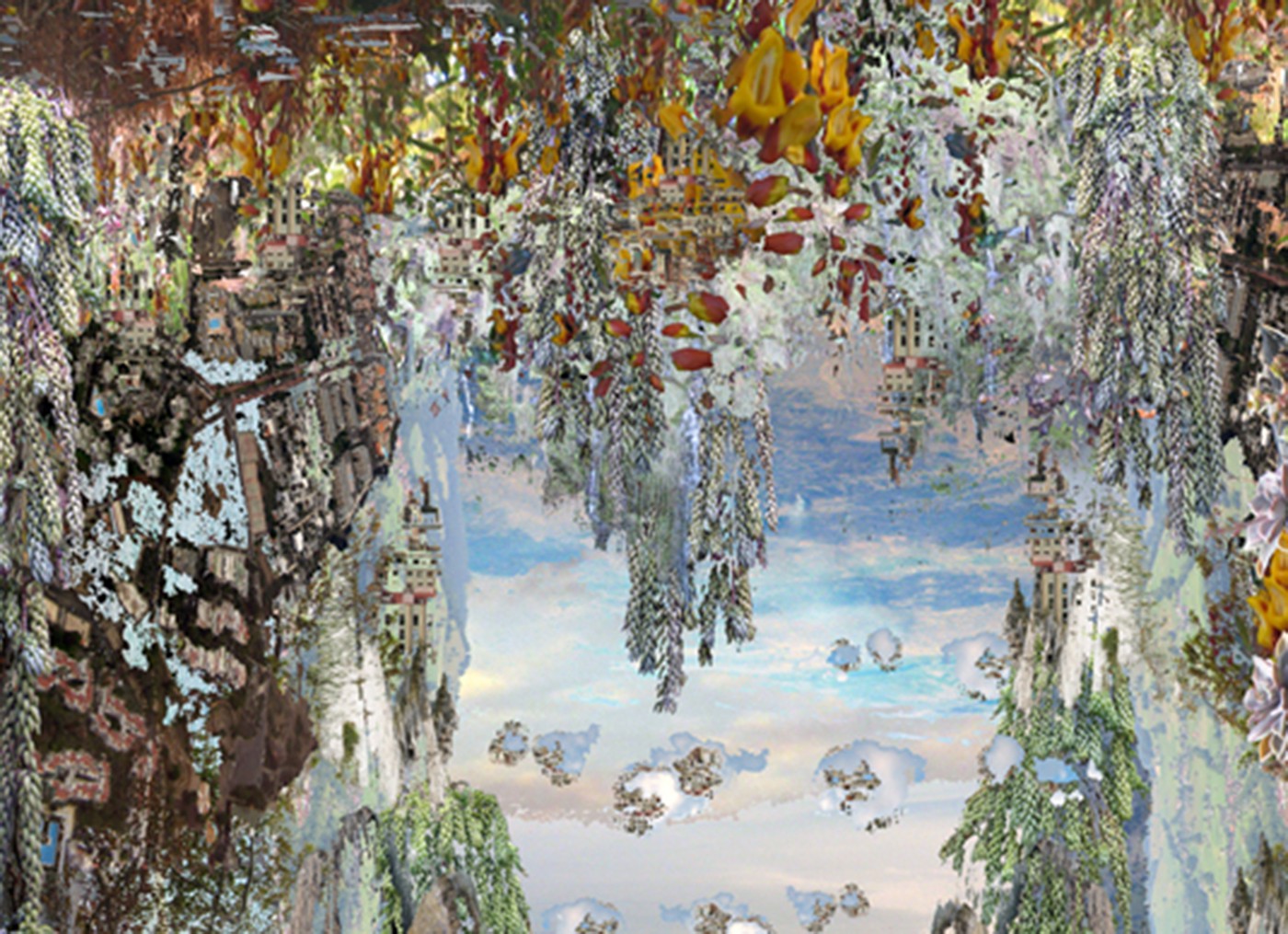 A collage of a city with trees and flowers hanging from the ceiling.