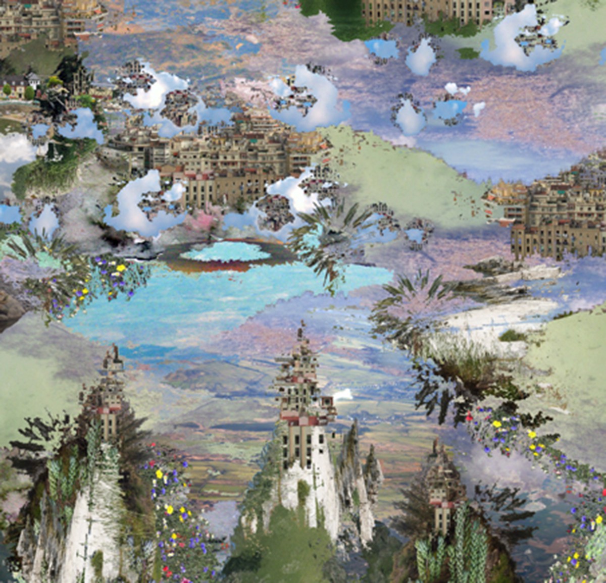 A collage of a city with a lake in the middle of it.