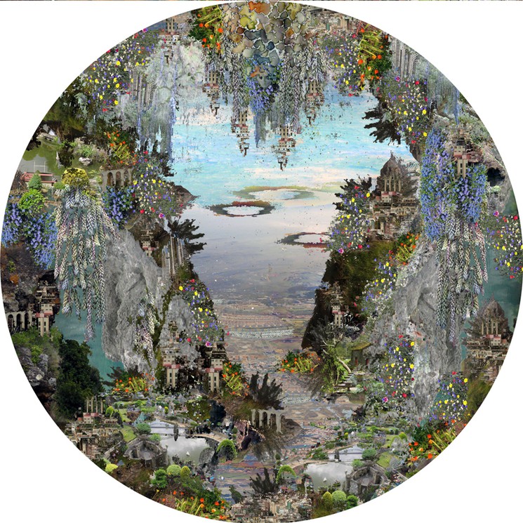 A circular composition of a fantastical landscape featuring cascading waterfalls, ancient ruins, and lush vegetation.