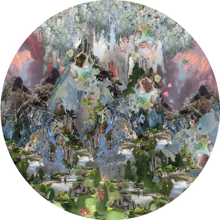 A circular picture of a landscape with a mountain in the background.