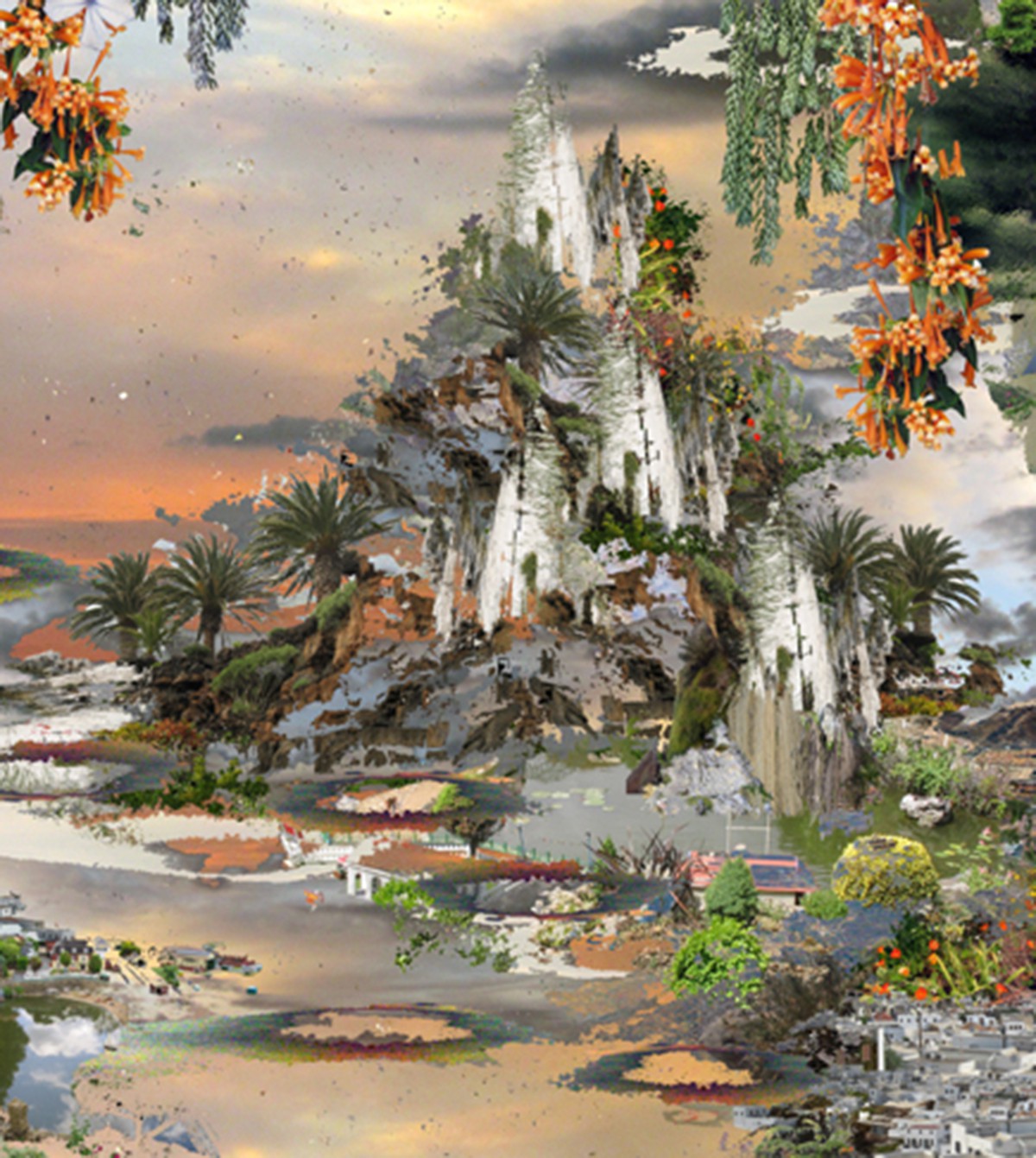 A collage of a landscape with trees and flowers in the foreground.