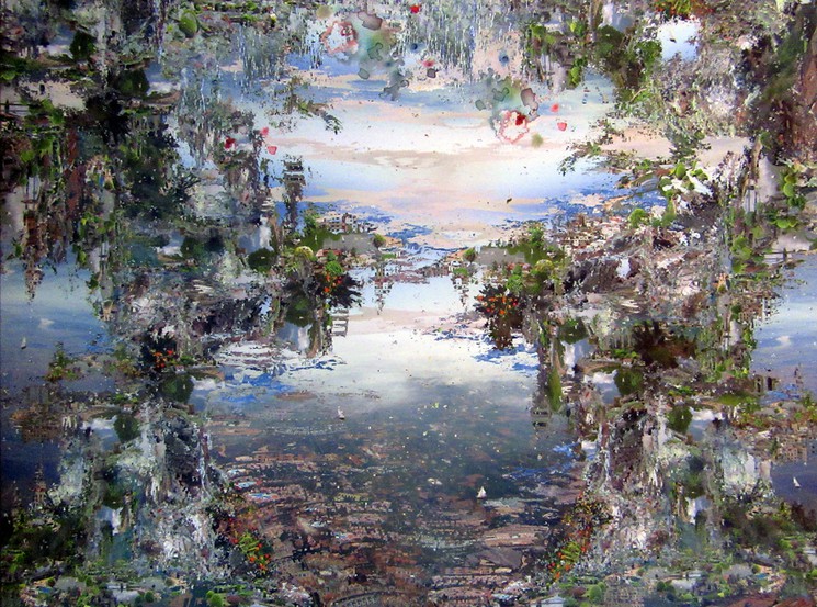 A textured landscape painting of a river reflecting a distant city under a soft sky.
