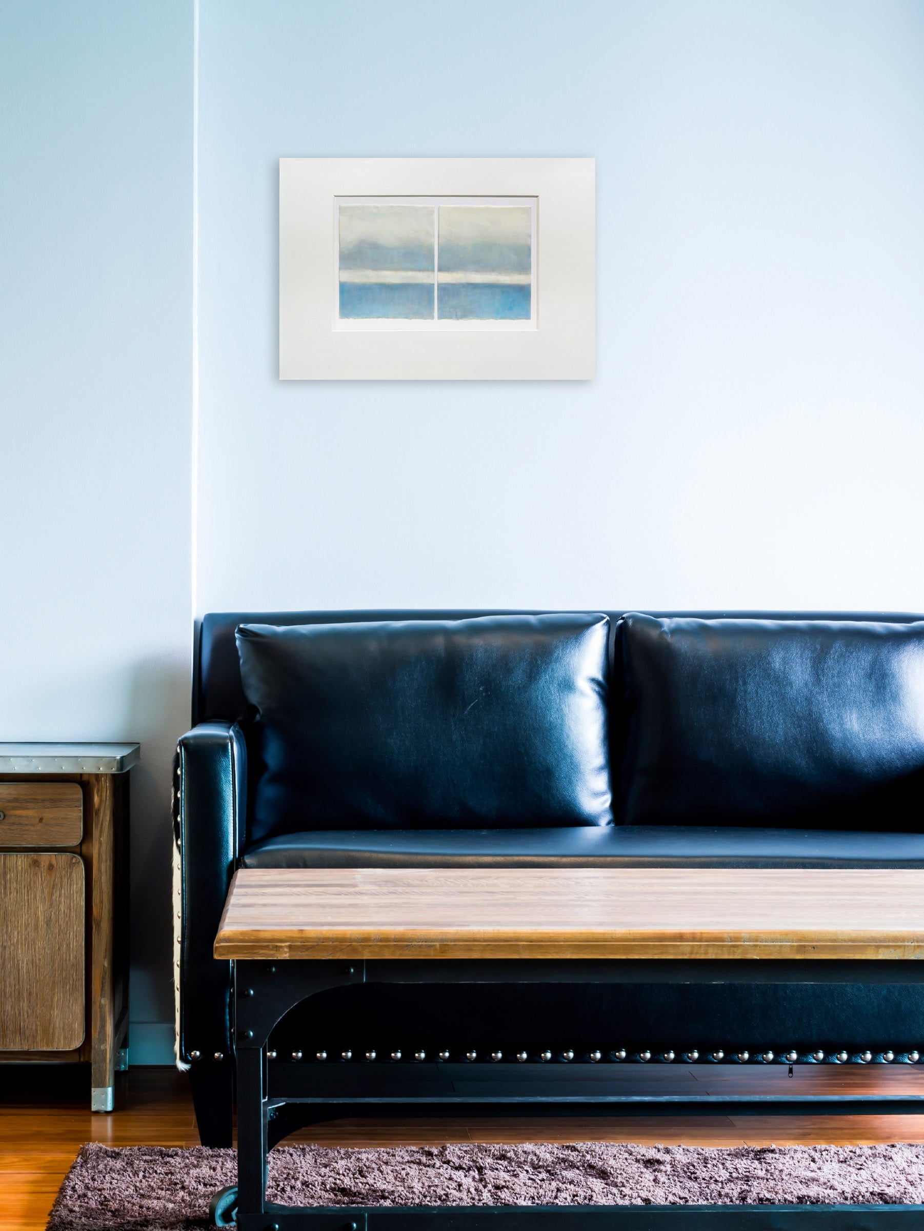 Artwork by Janise Yntema, Blue On Blue, Made of Beeswax, resin and pigment on archival paper mounted on archival board matted. 