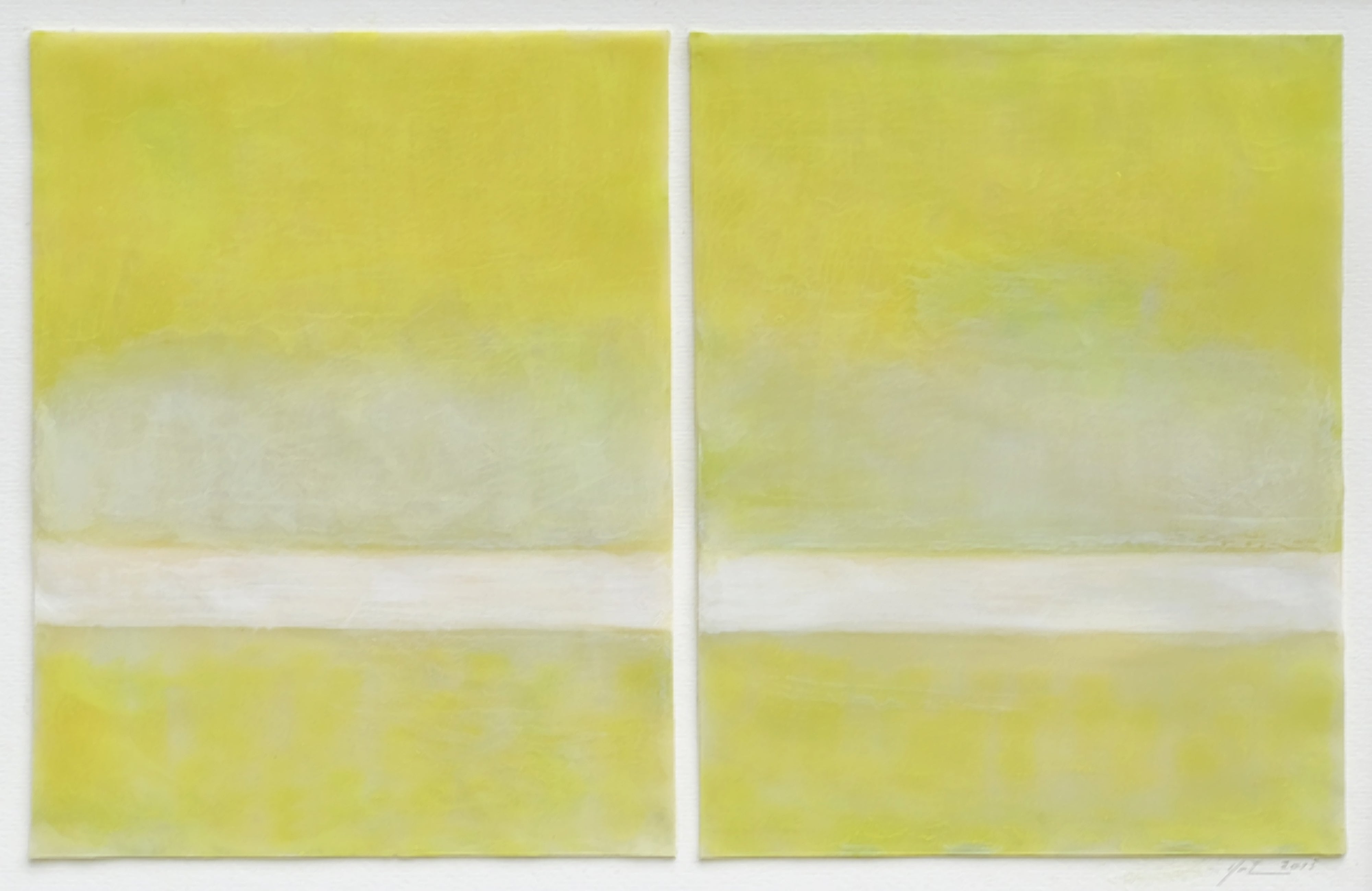 Artwork by Janise Yntema, Celedon Mist, Made of Beeswax, resin and pigment on archival paper mounted on archival board matted. 