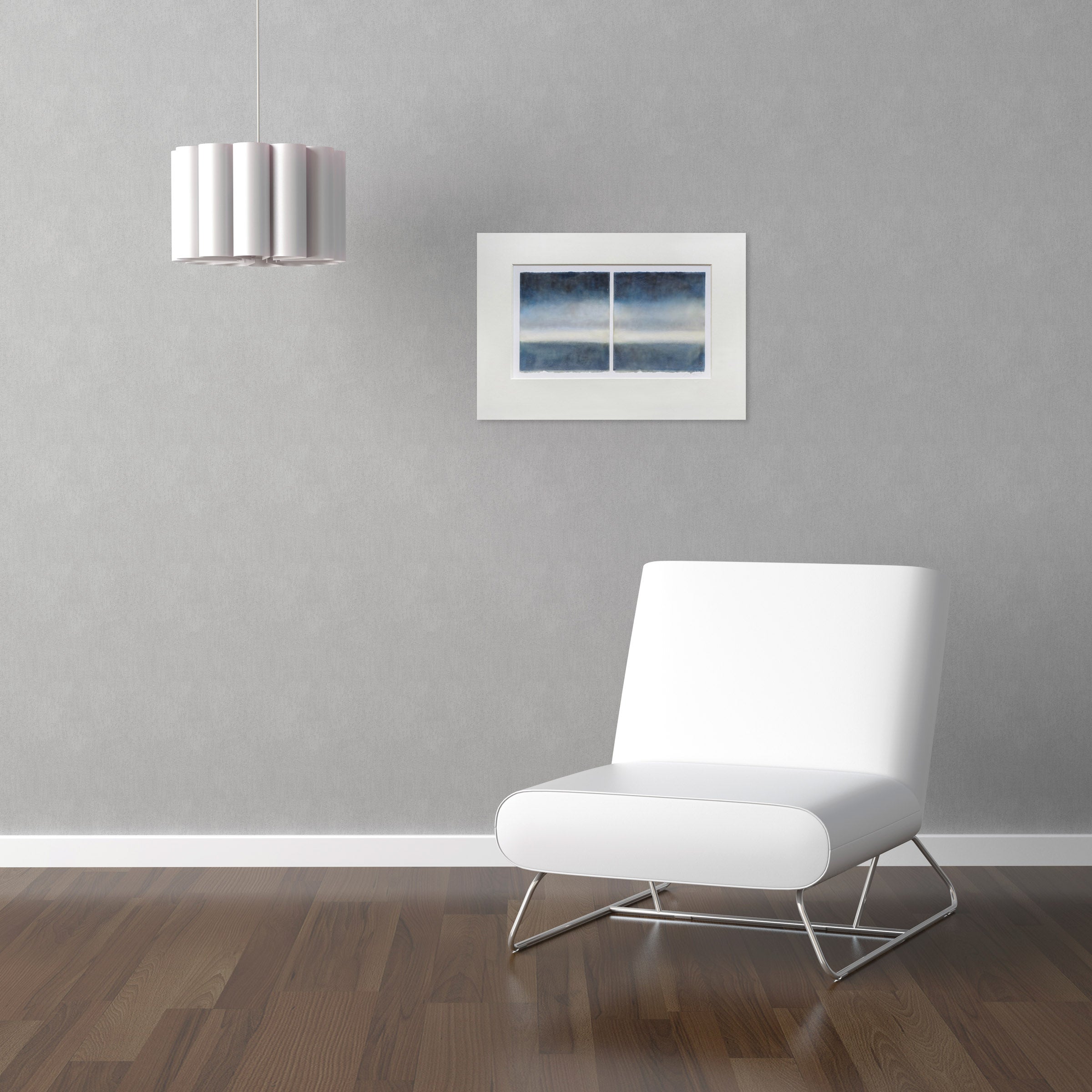 A painting of two blue and white paintings in a white frame.