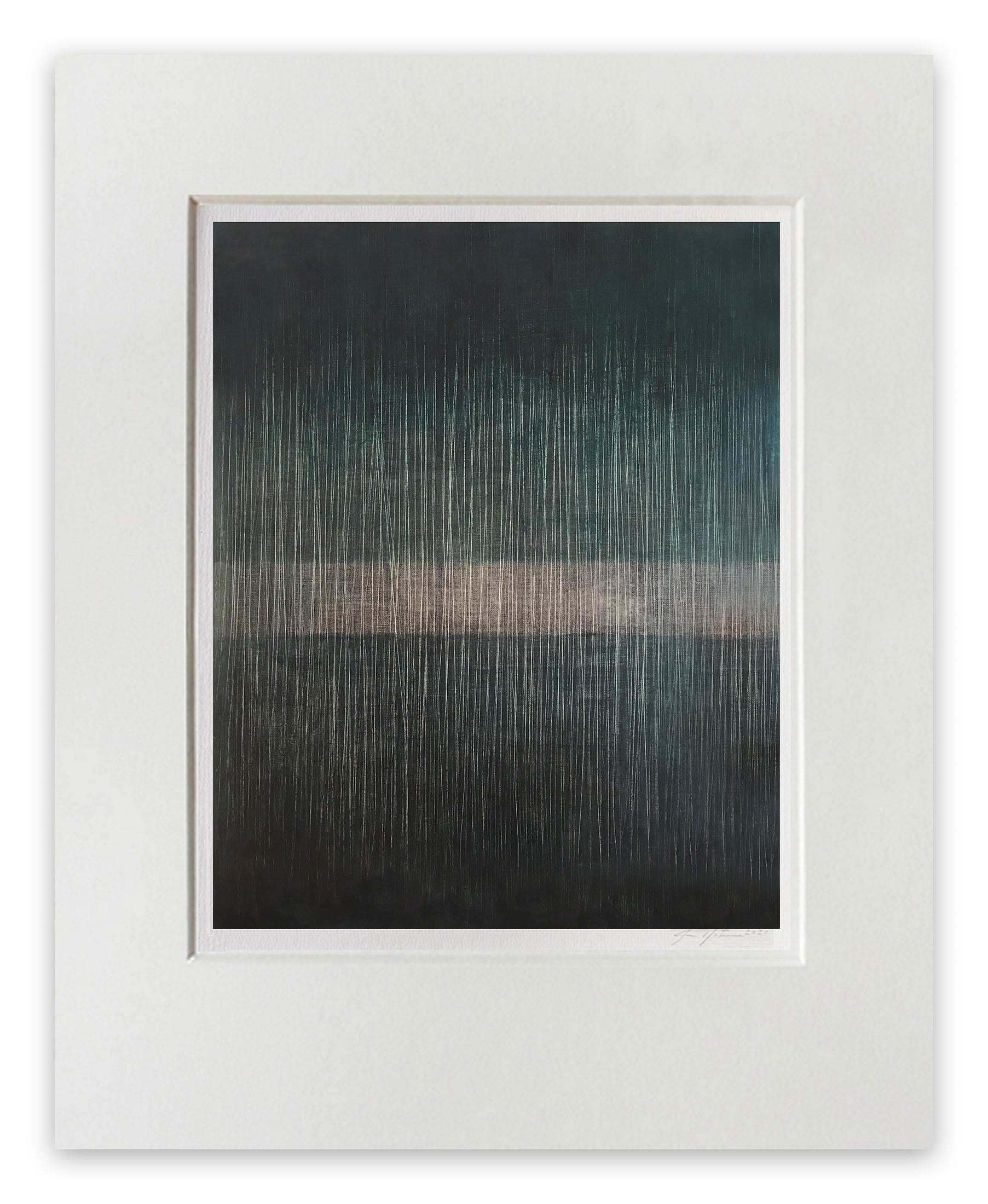 A picture of a black and white painting in a white frame.