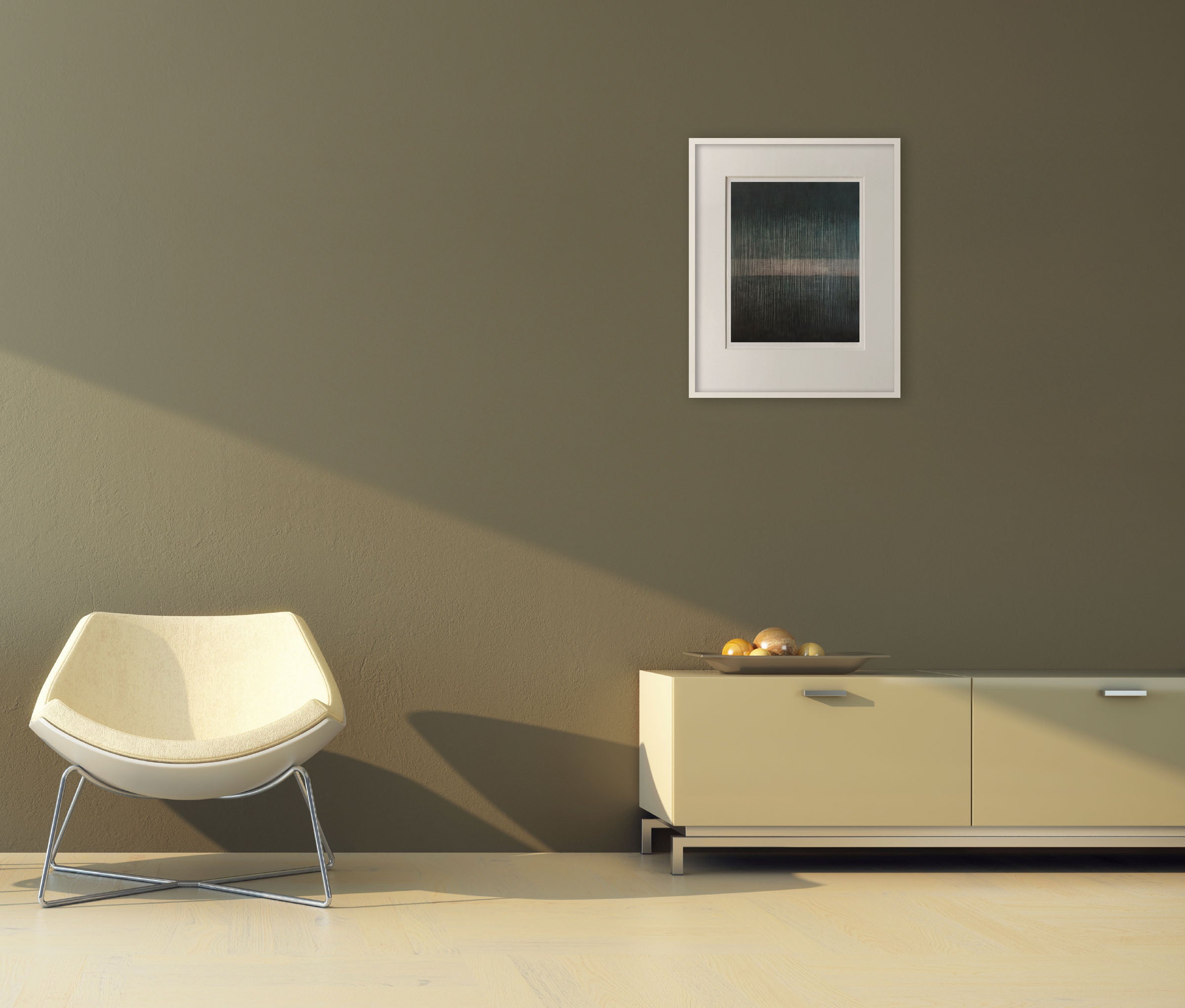 A picture of a black and white painting in a white frame.