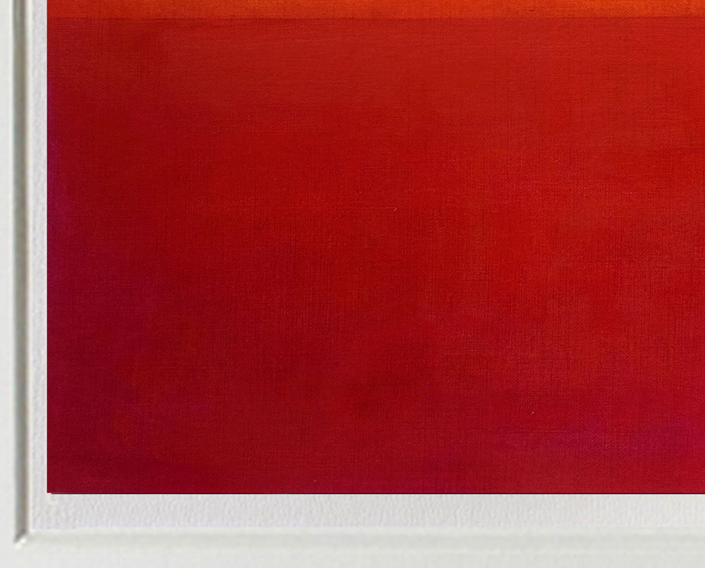 A painting of a red and orange painting in a white frame.