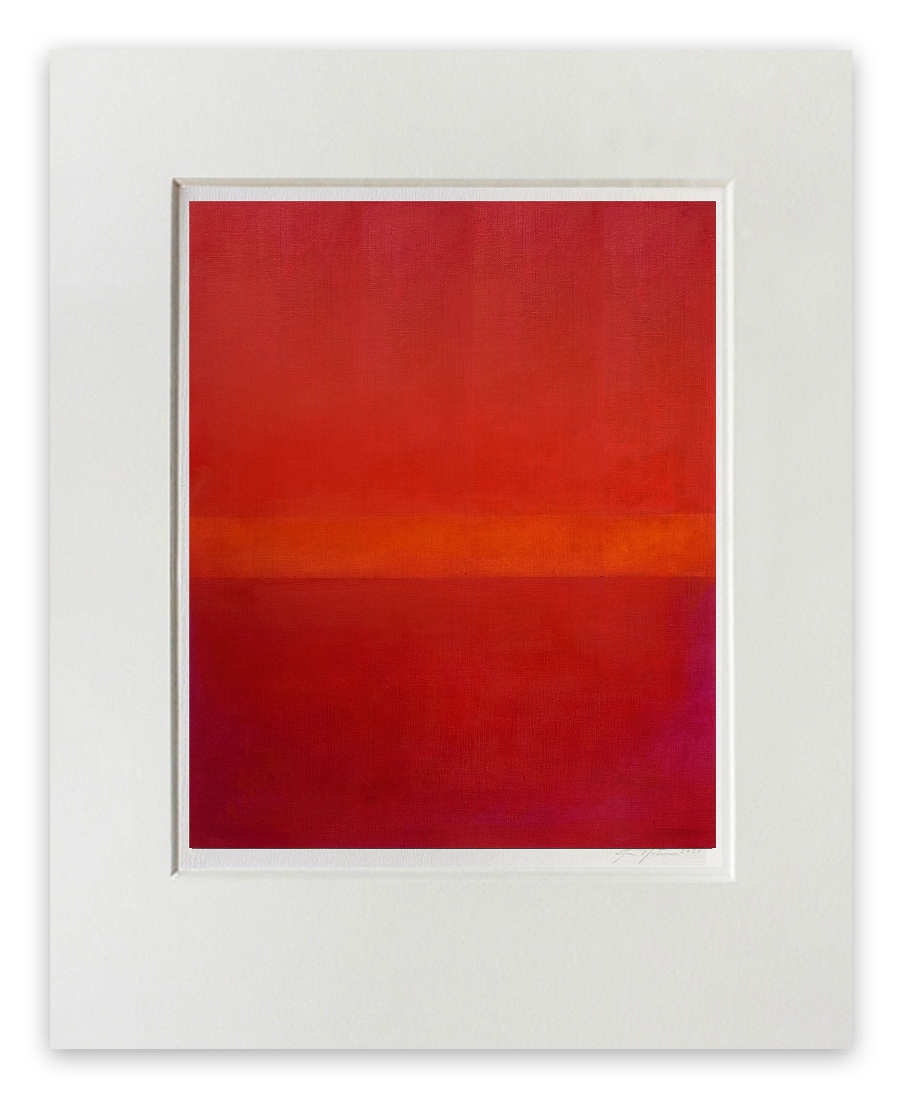 A painting of a red and orange painting in a white frame.