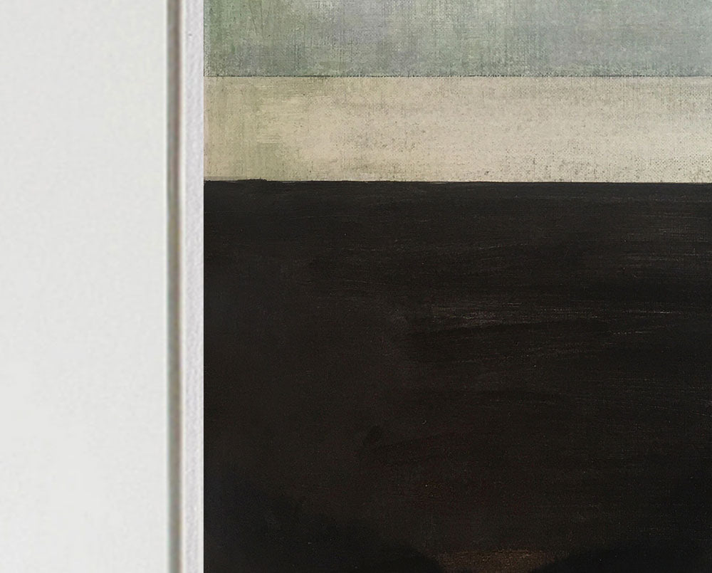 A painting of a black and green abstract painting in a white frame.