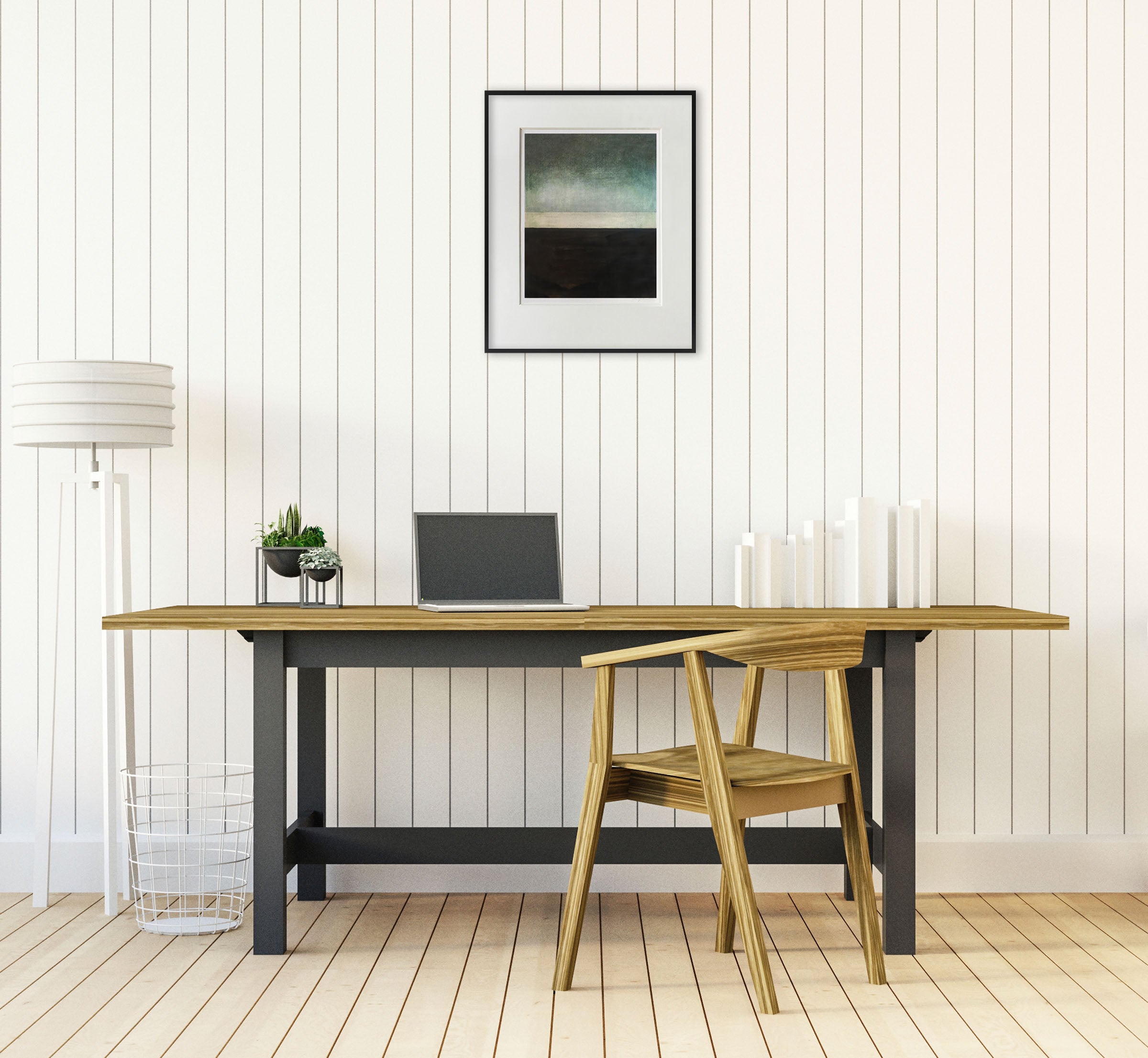 A painting of a black and green abstract painting in a white frame.