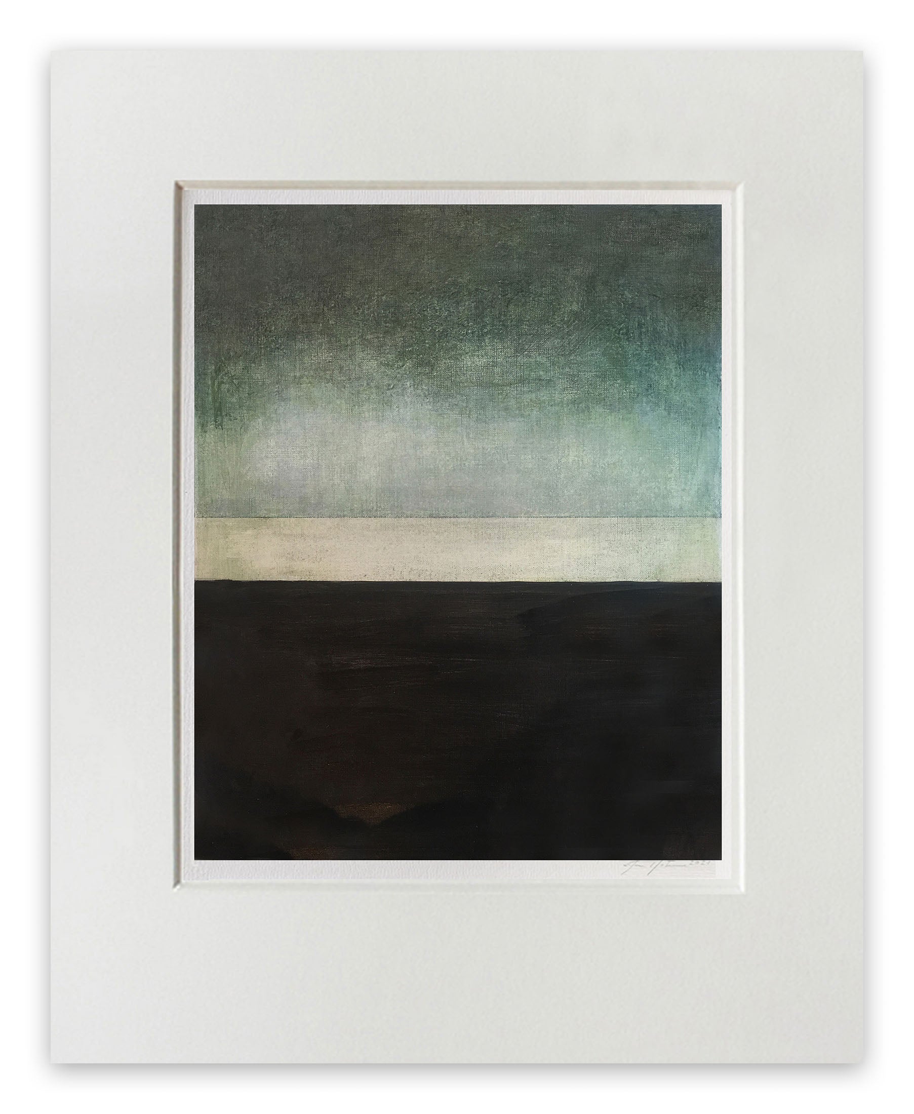 A painting of a black and green abstract painting in a white frame.