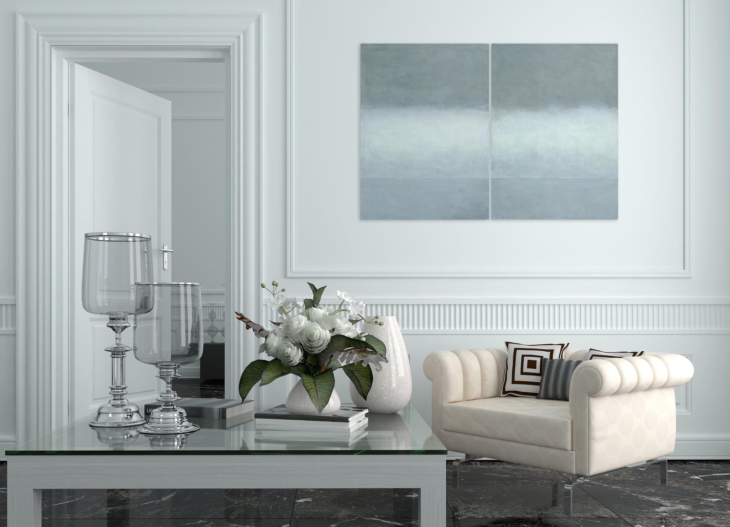 A painting of two squares of blue and white on a white background.