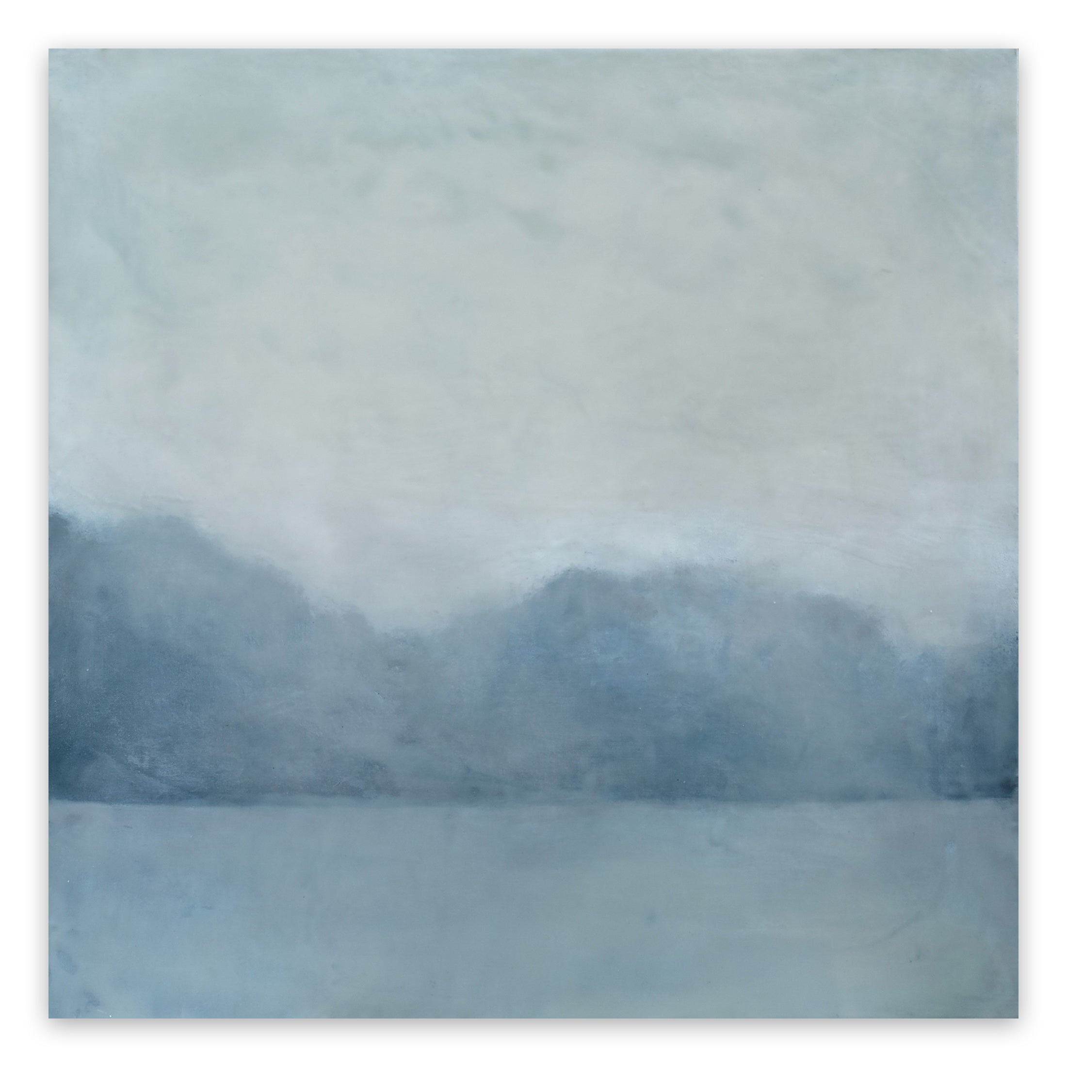 A painting of a lake with mountains in the background.