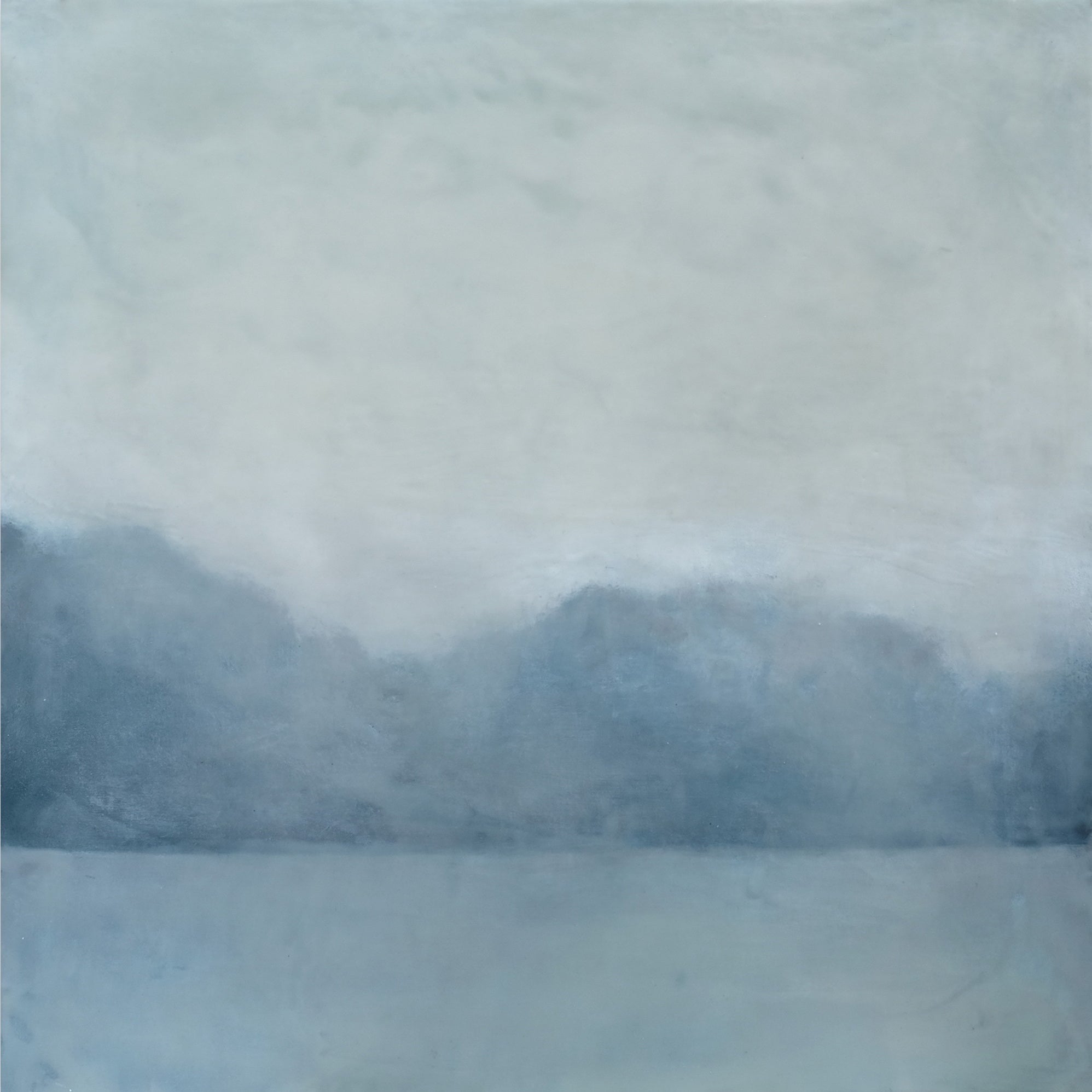 A painting of a lake with mountains in the background.