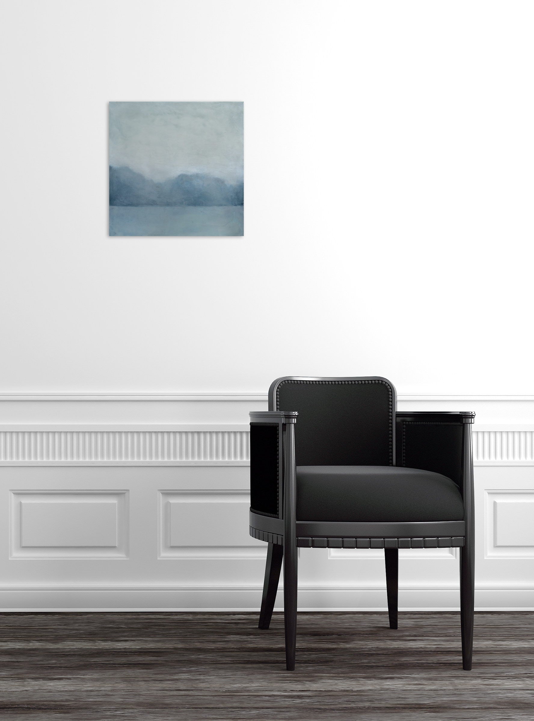 A painting of a lake with mountains in the background.