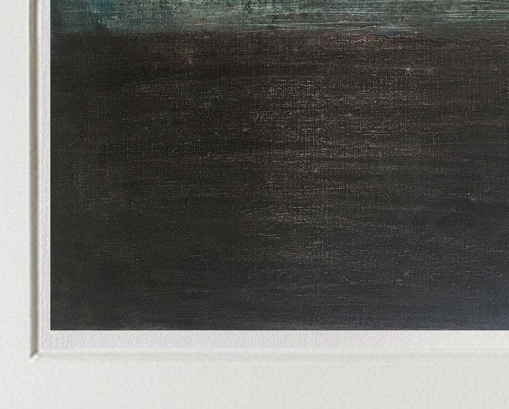 A painting of a black and green painting in a white frame.