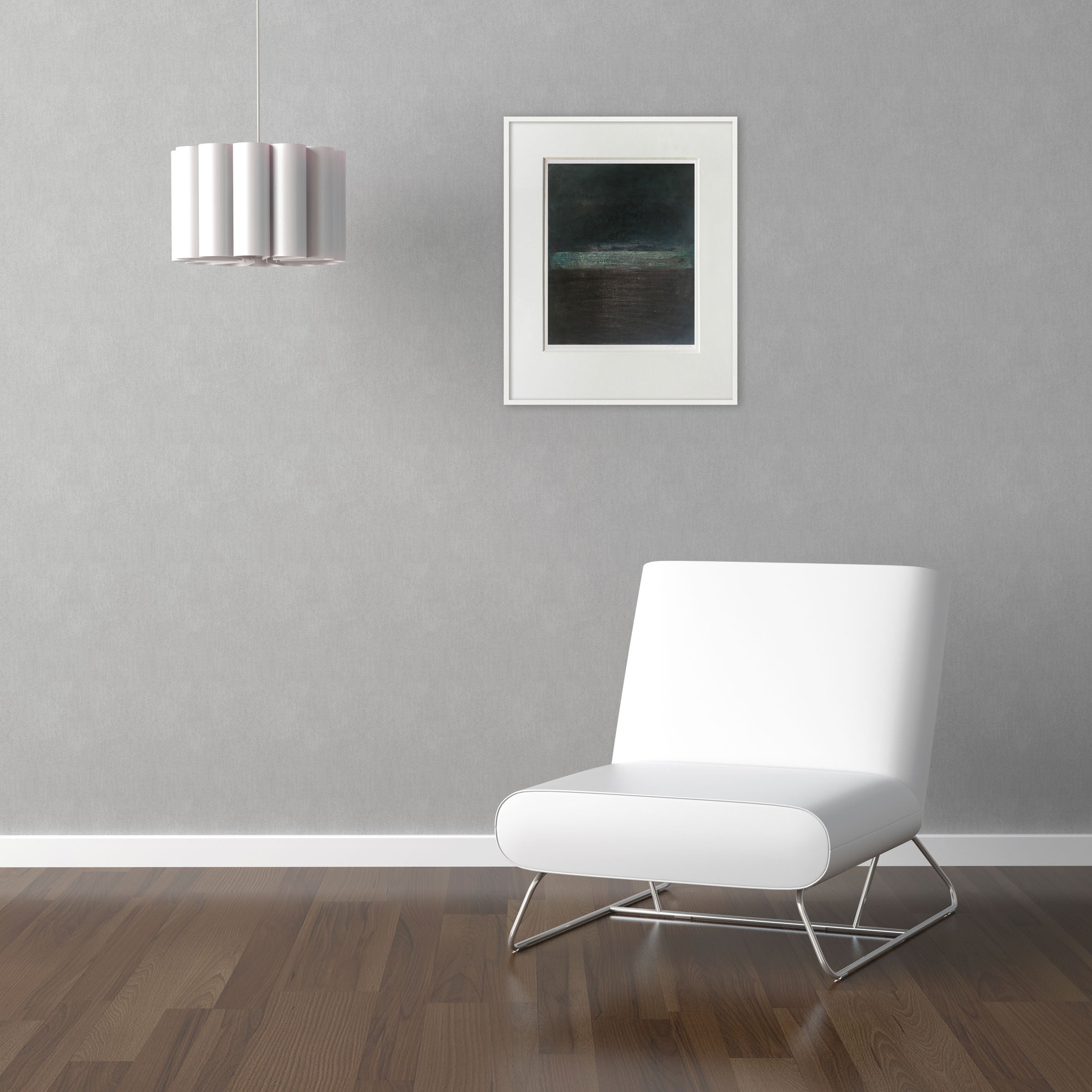 A painting of a black and green painting in a white frame.