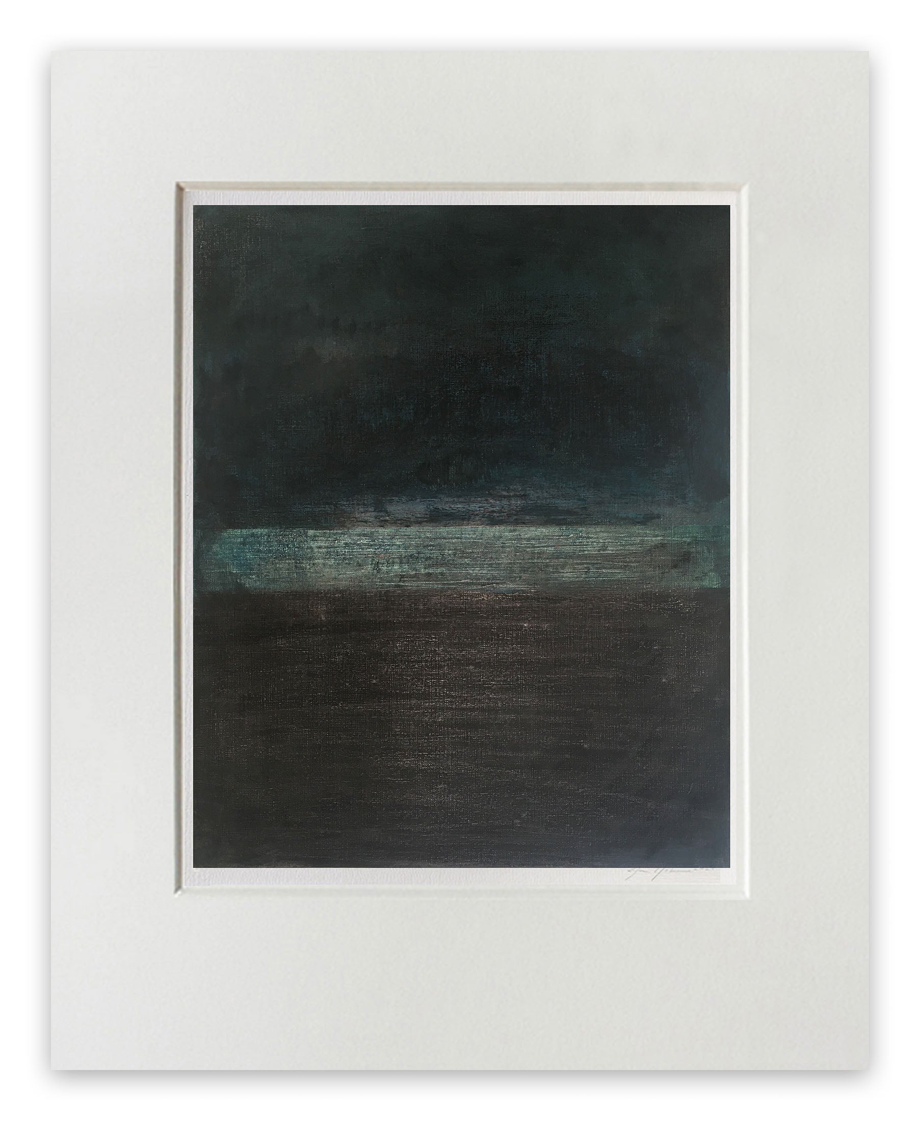 A painting of a black and green painting in a white frame.