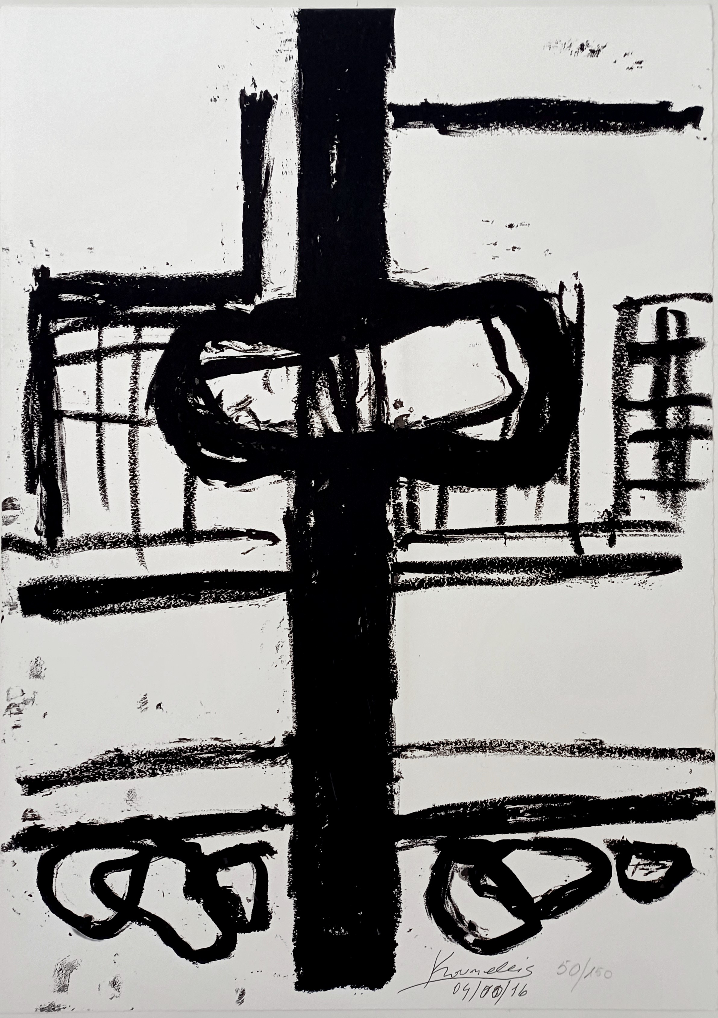 A black and white drawing of a cross on a white background.