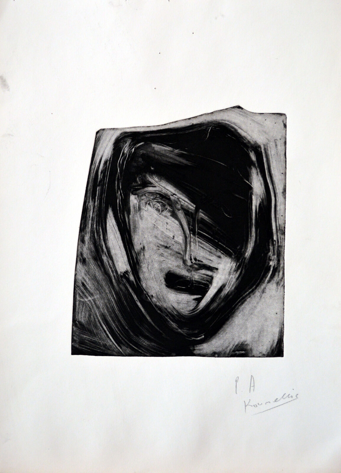 A black and white drawing of a woman's face.