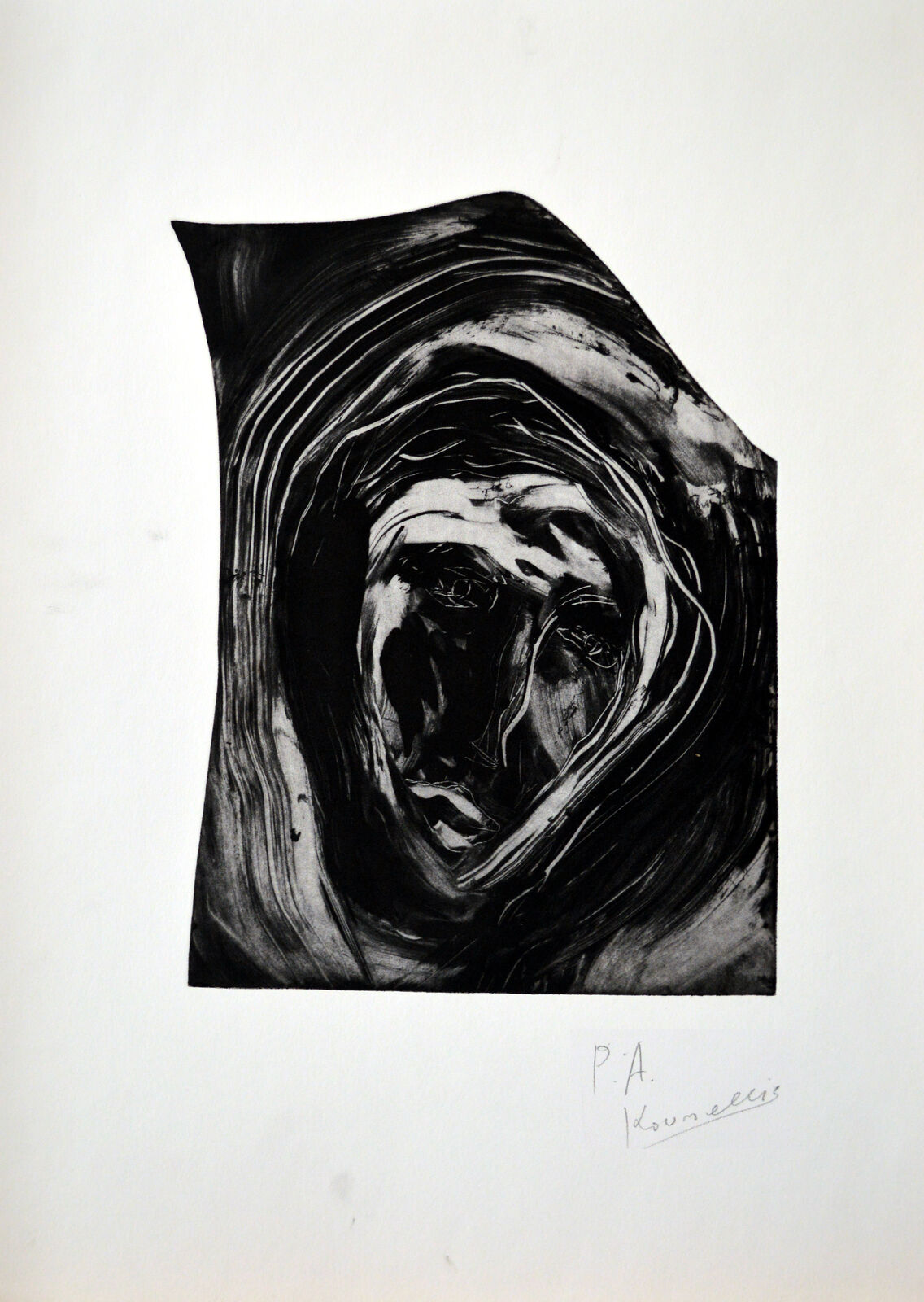 A black and white drawing of a woman's face.