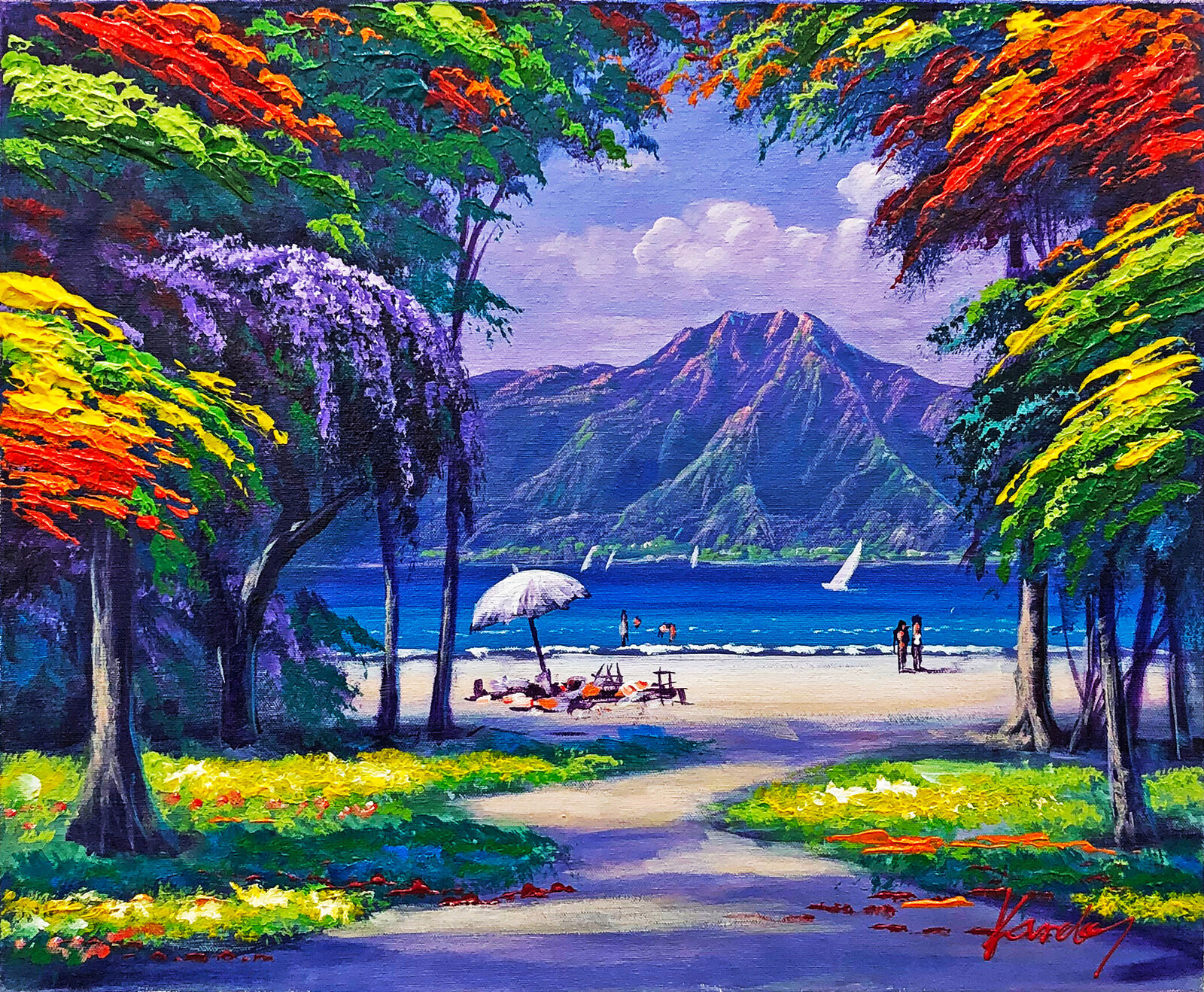 Artwork by Janos Kardos, Day at the Beach (framed original painting on canvas), Made of Acrylic On Canvas 