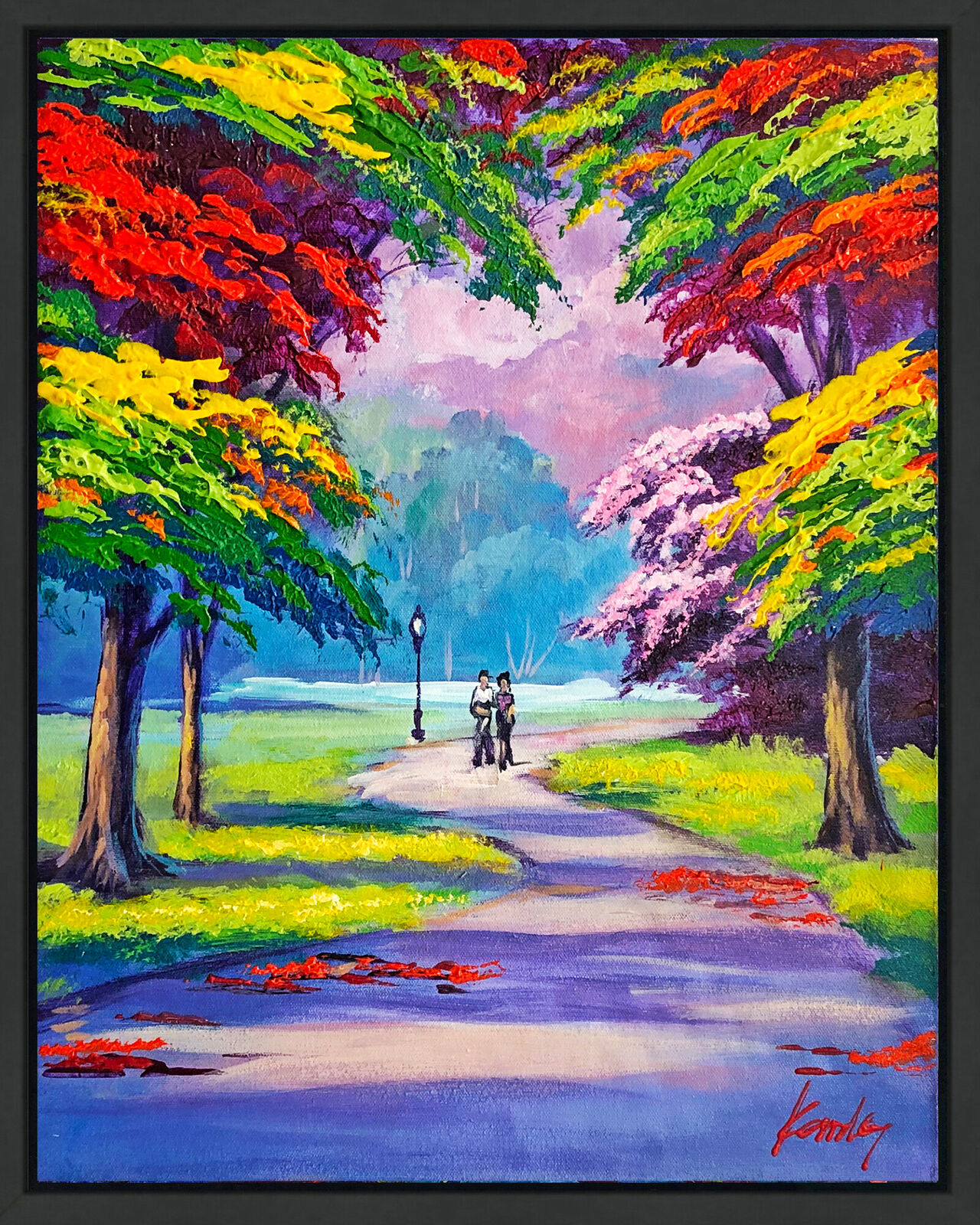Artwork by Janos Kardos, Sunset at the Park (framed original painting on canvas), Made of Acrylic On Canvas 