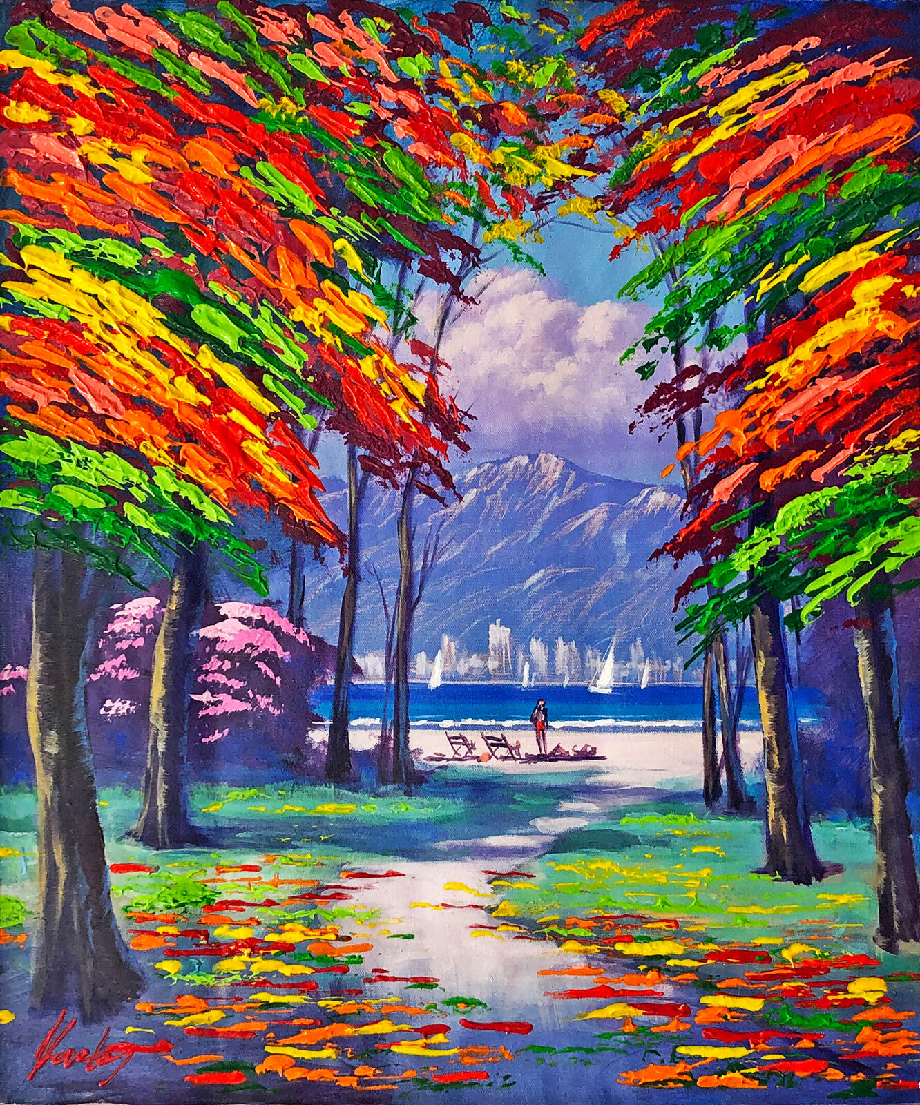 Artwork by Janos Kardos, Weekend on the Beach (framed original painting on canvas), Made of Acrylic On Canvas 