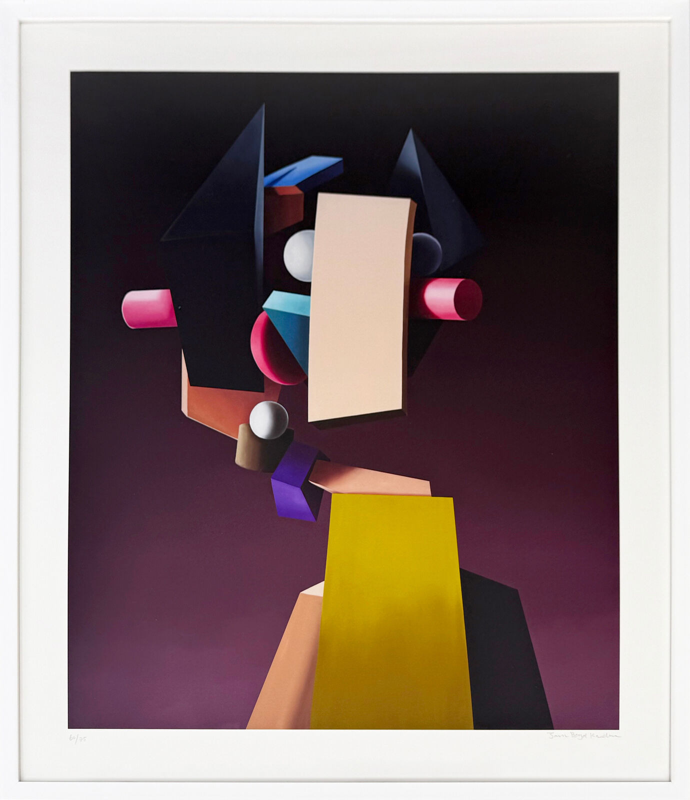 A painting of a woman's face in a white frame.