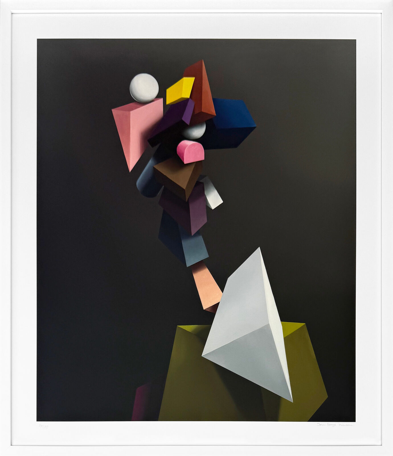 A picture of a colorful abstract painting in a white frame.