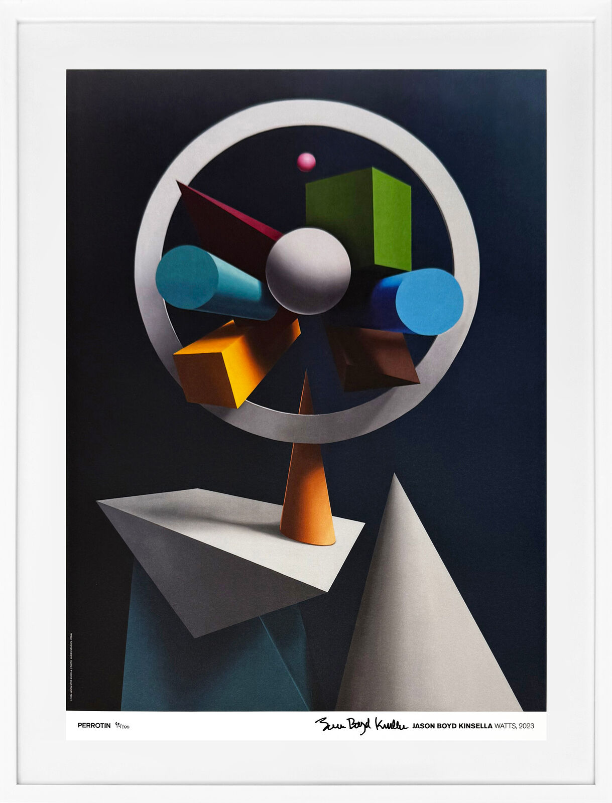 A picture of a painting of a colorful object on a table.