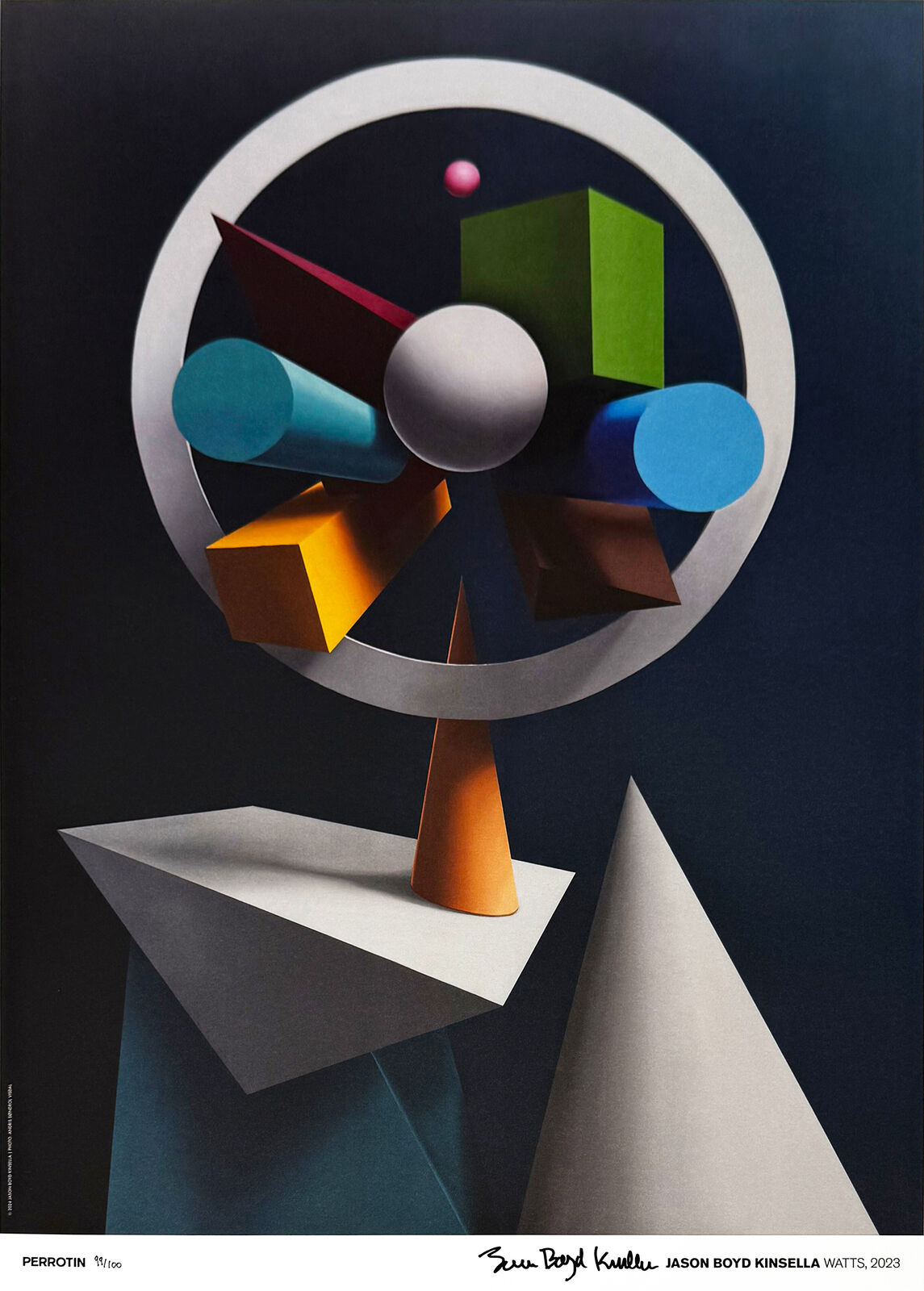 A picture of a painting of a colorful object on a table.