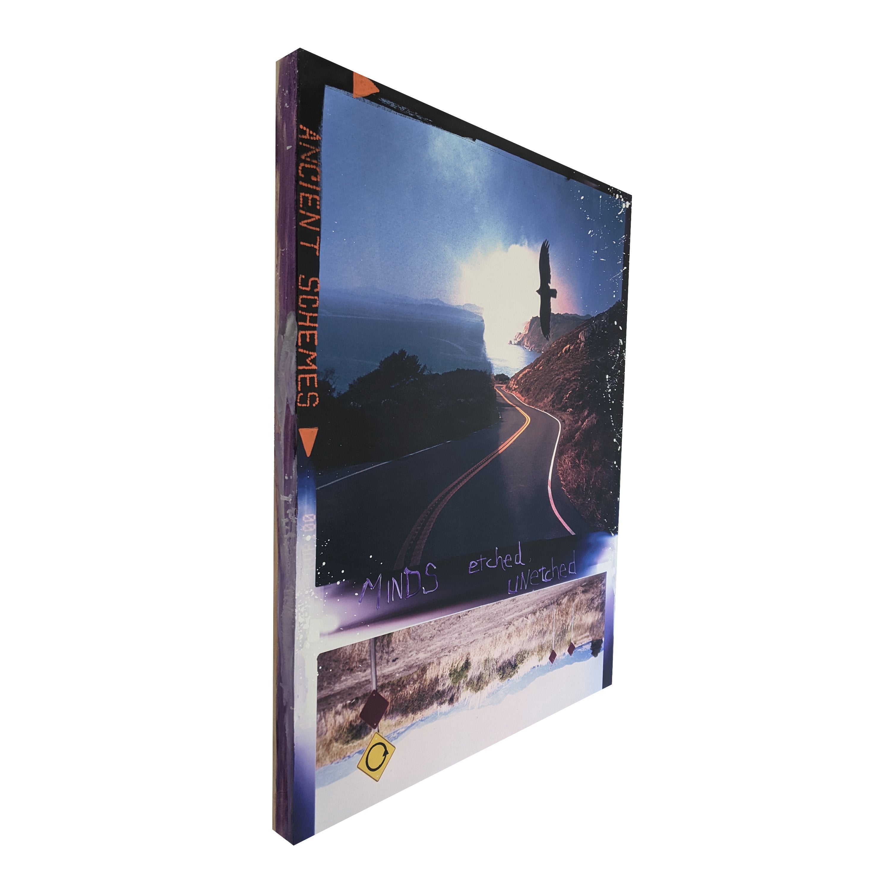 A collage of a road with a bird flying over it.