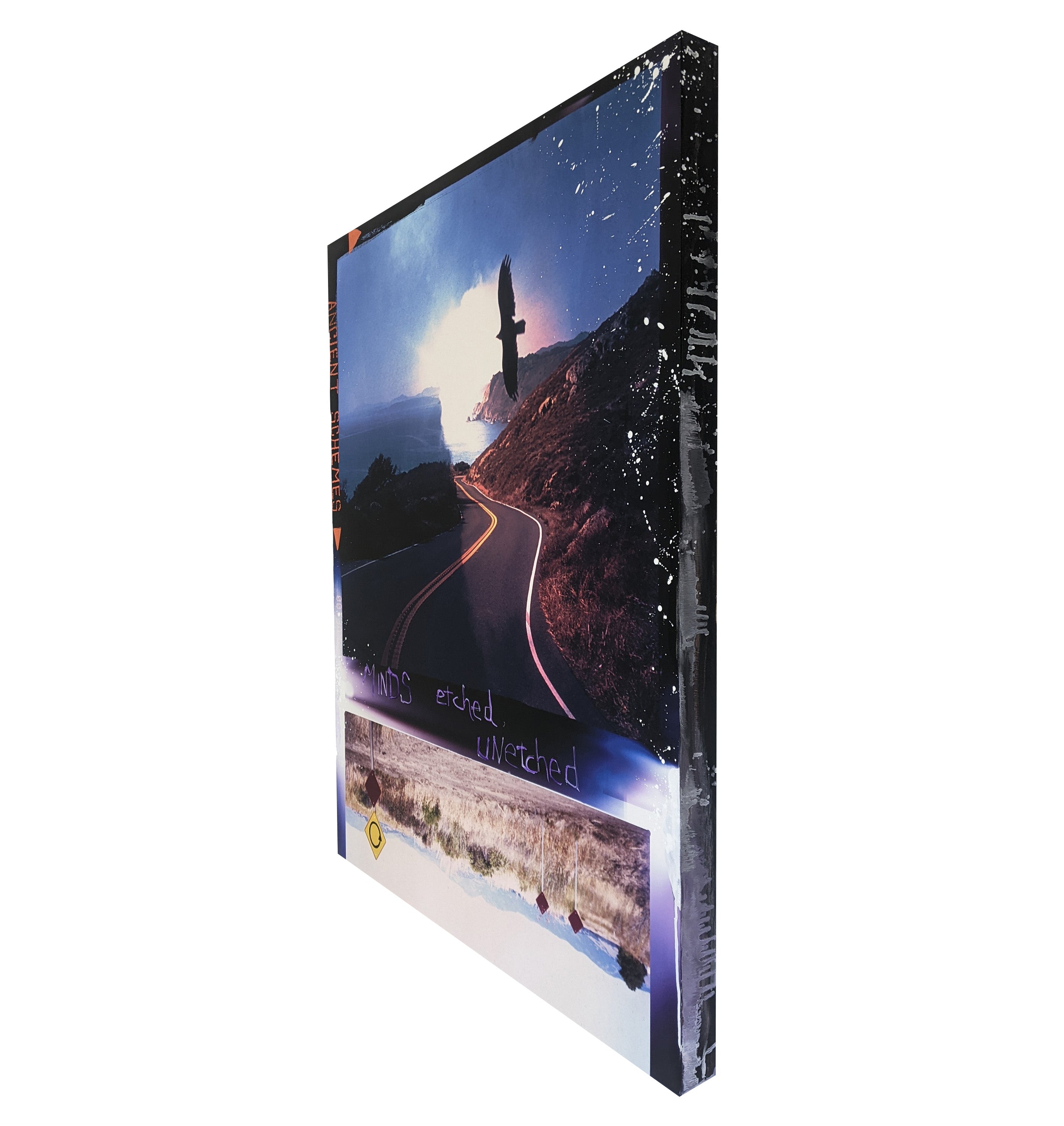 A collage of a road with a bird flying over it.