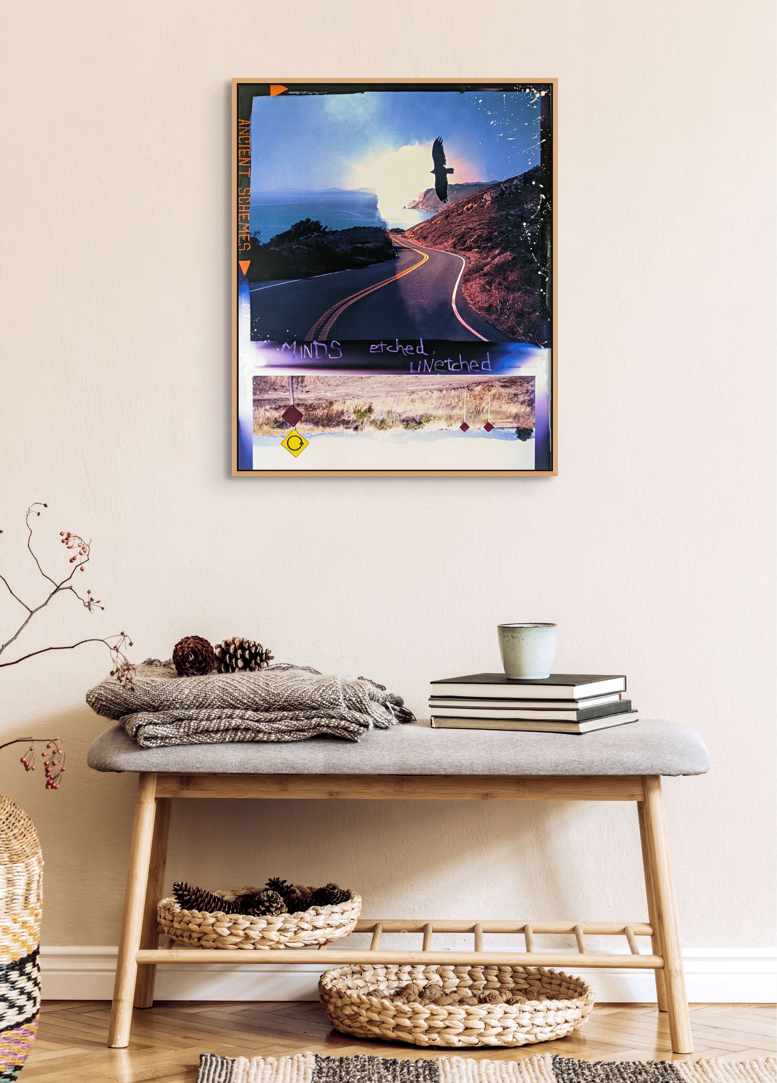 A collage of a road with a bird flying over it.