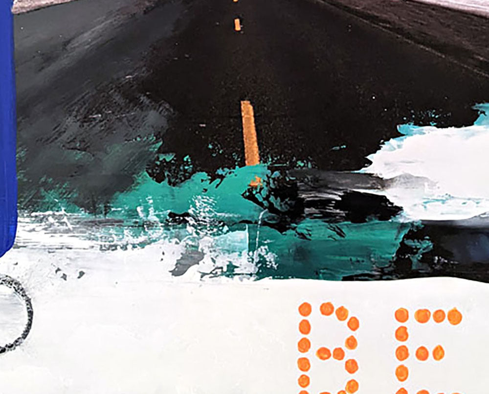 A painting of a road with the words becoming logos on it.