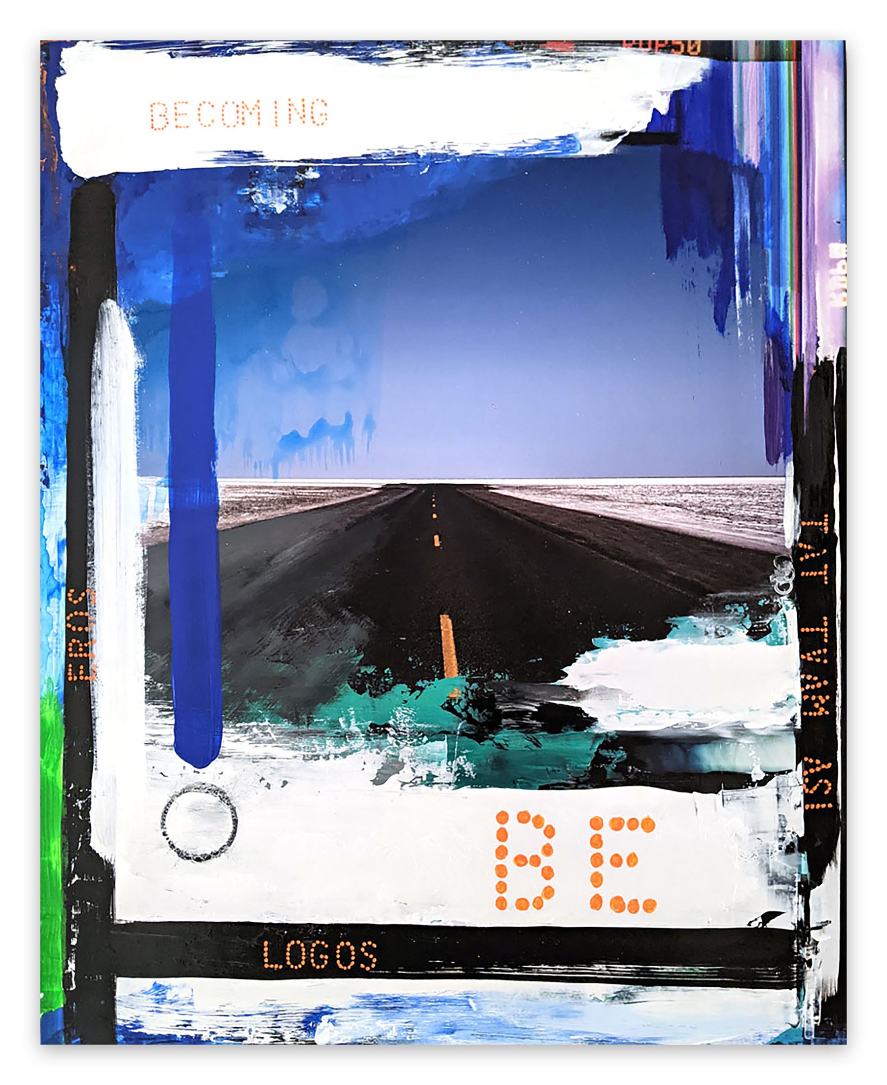 A painting of a road with the words becoming logos on it.