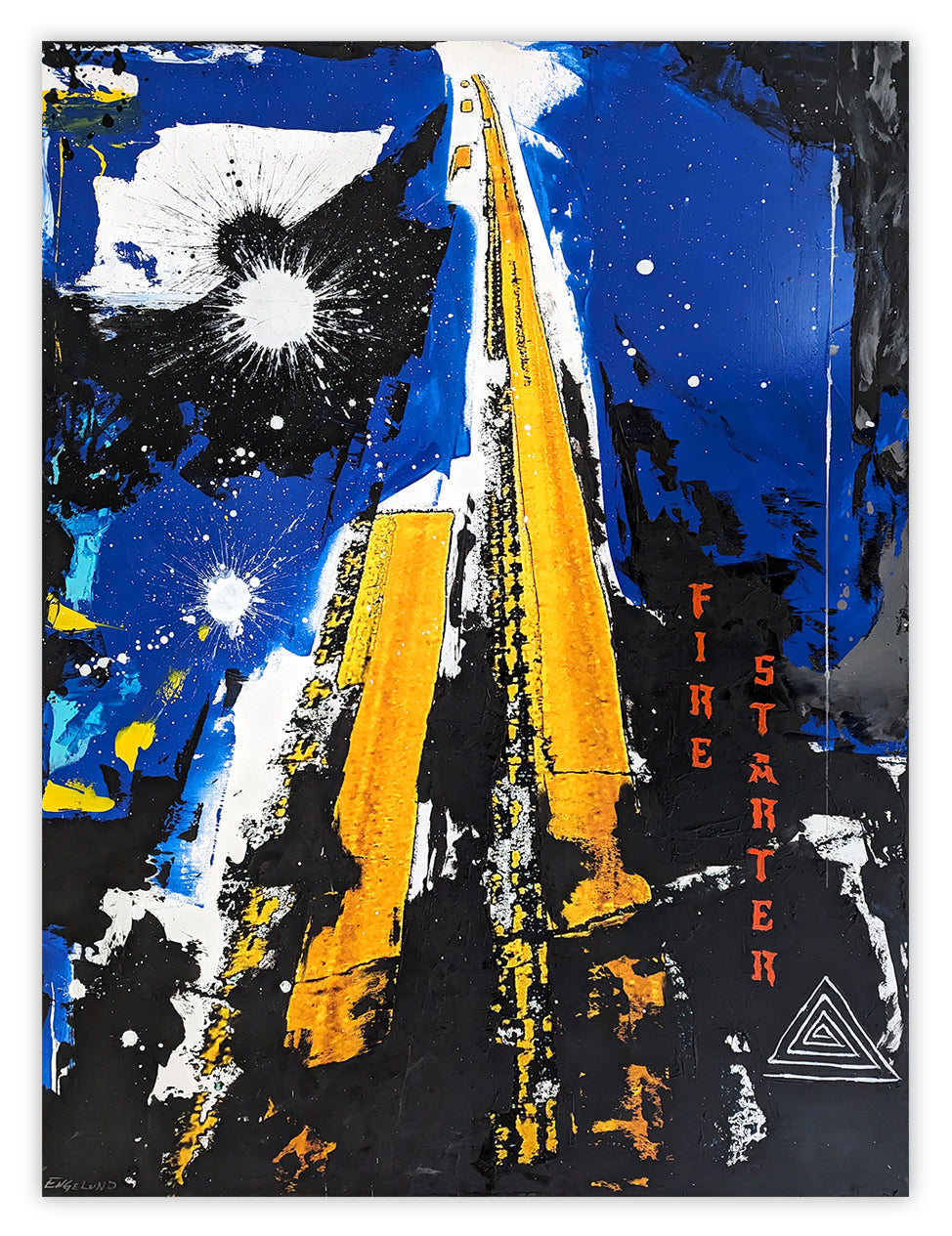 A painting of a road with a star in the sky.