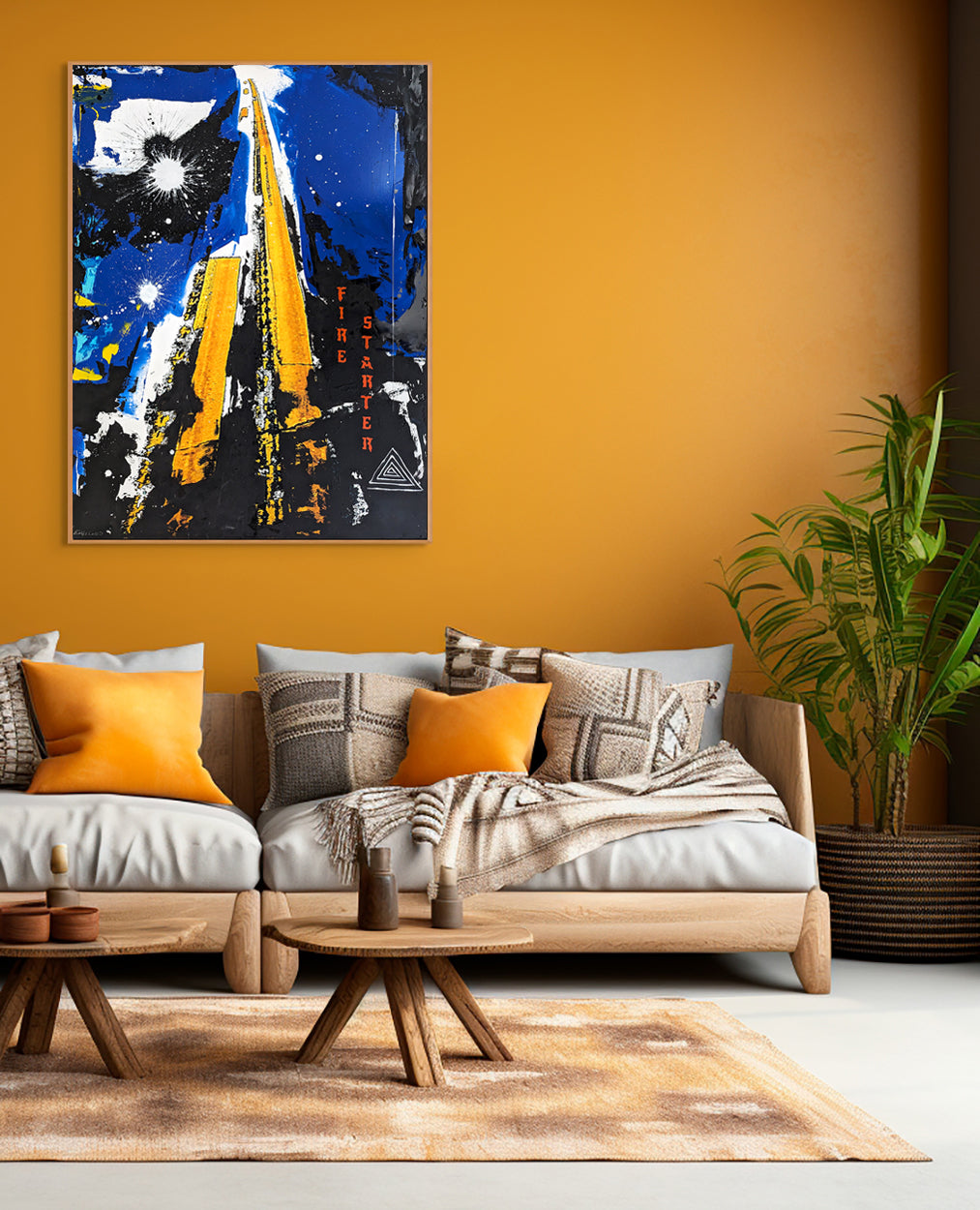A painting of a road with a star in the sky.