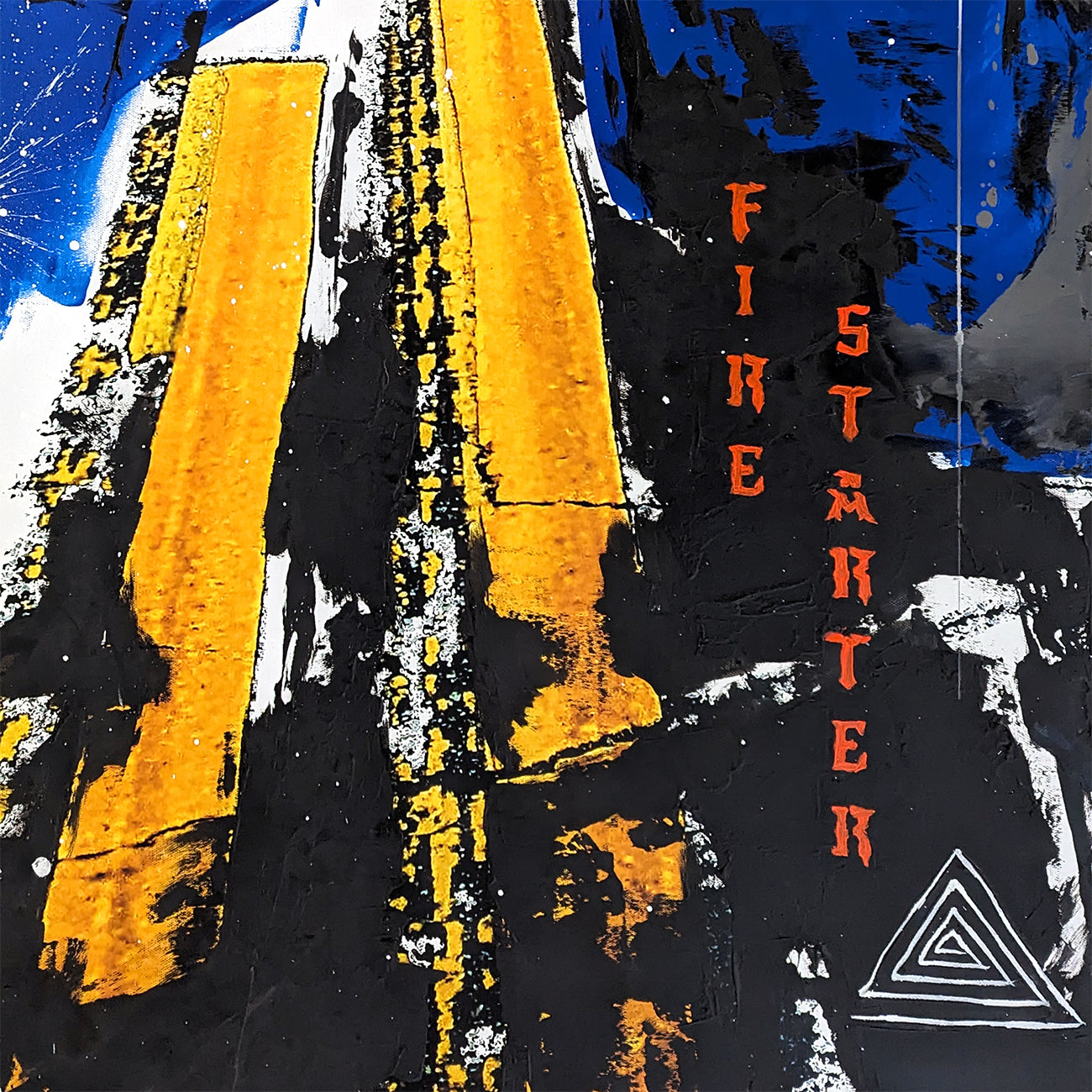 A painting of a road with a star in the sky.