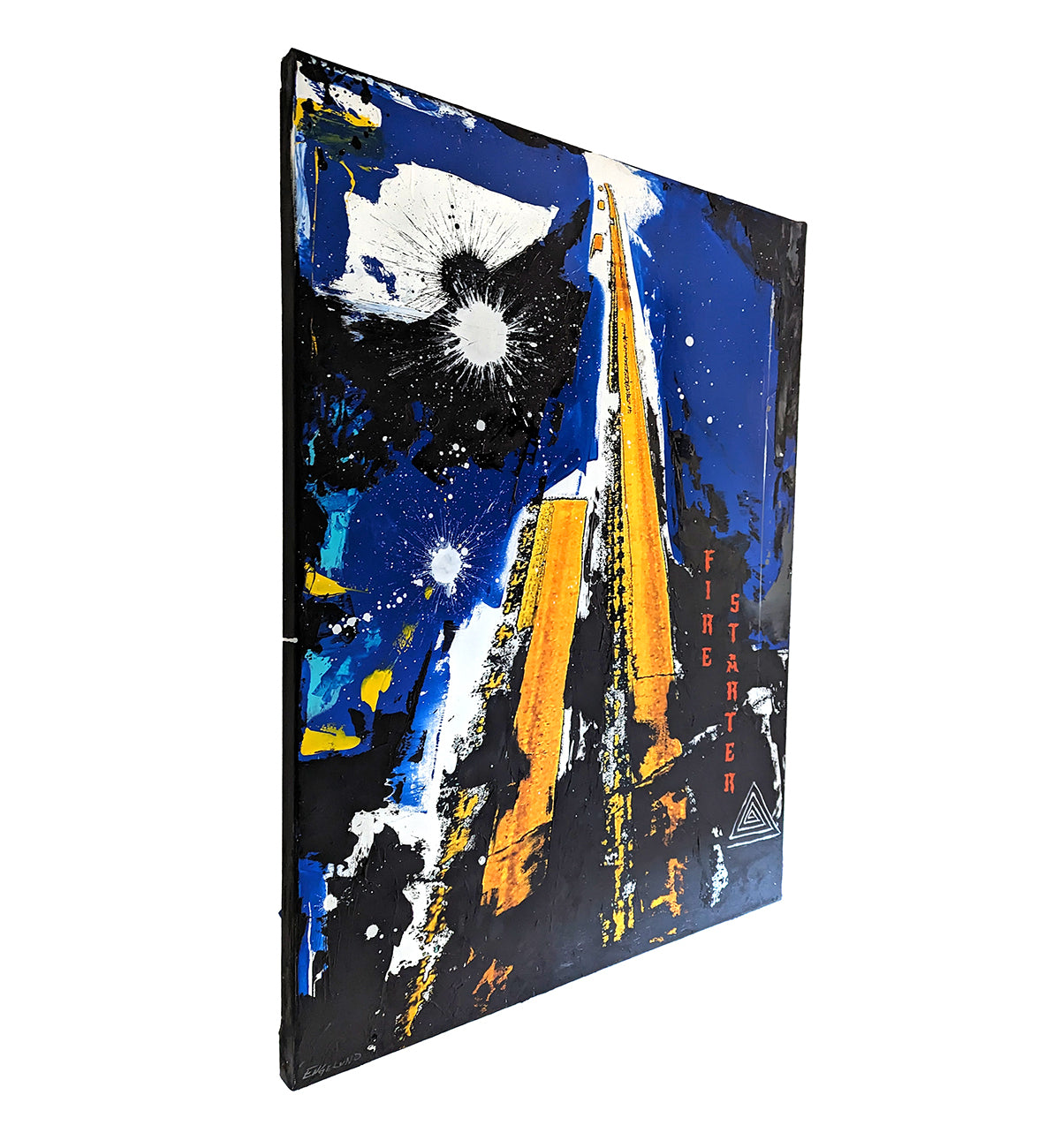 A painting of a road with a star in the sky.