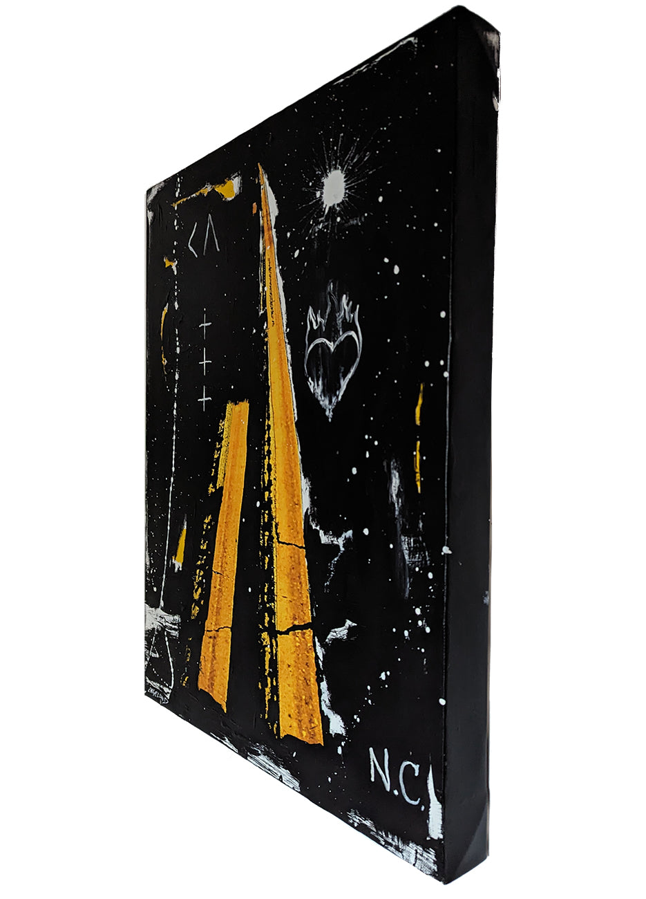 A painting of a black and yellow road with a heart on it.