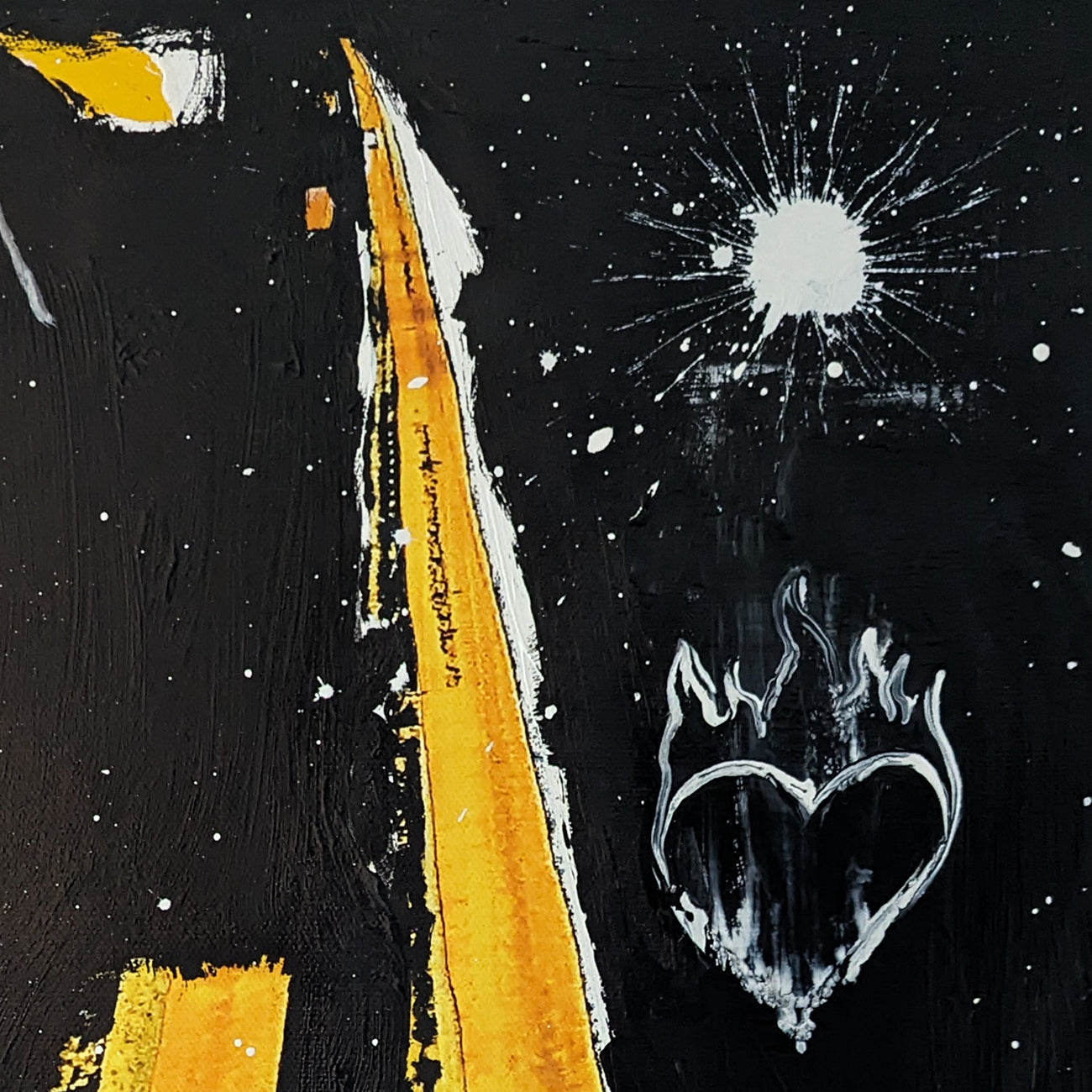 A painting of a black and yellow road with a heart on it.